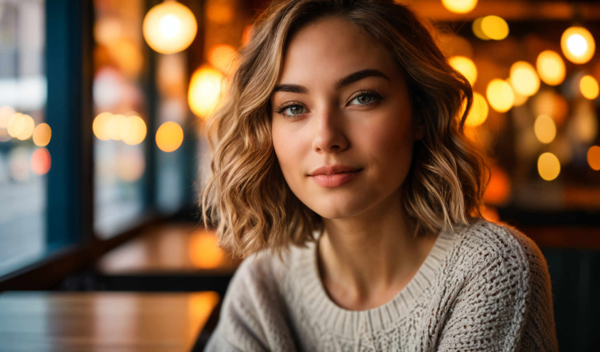 The image features a young woman with blonde hair and blue eyes. She is wearing a white sweater and is seated at a table. The background is blurred but it appears to be a restaurant or cafe with orange lights. The woman is looking directly at the camera giving the impression that she is posing for the photo. The overall atmosphere of the image is warm and inviting.