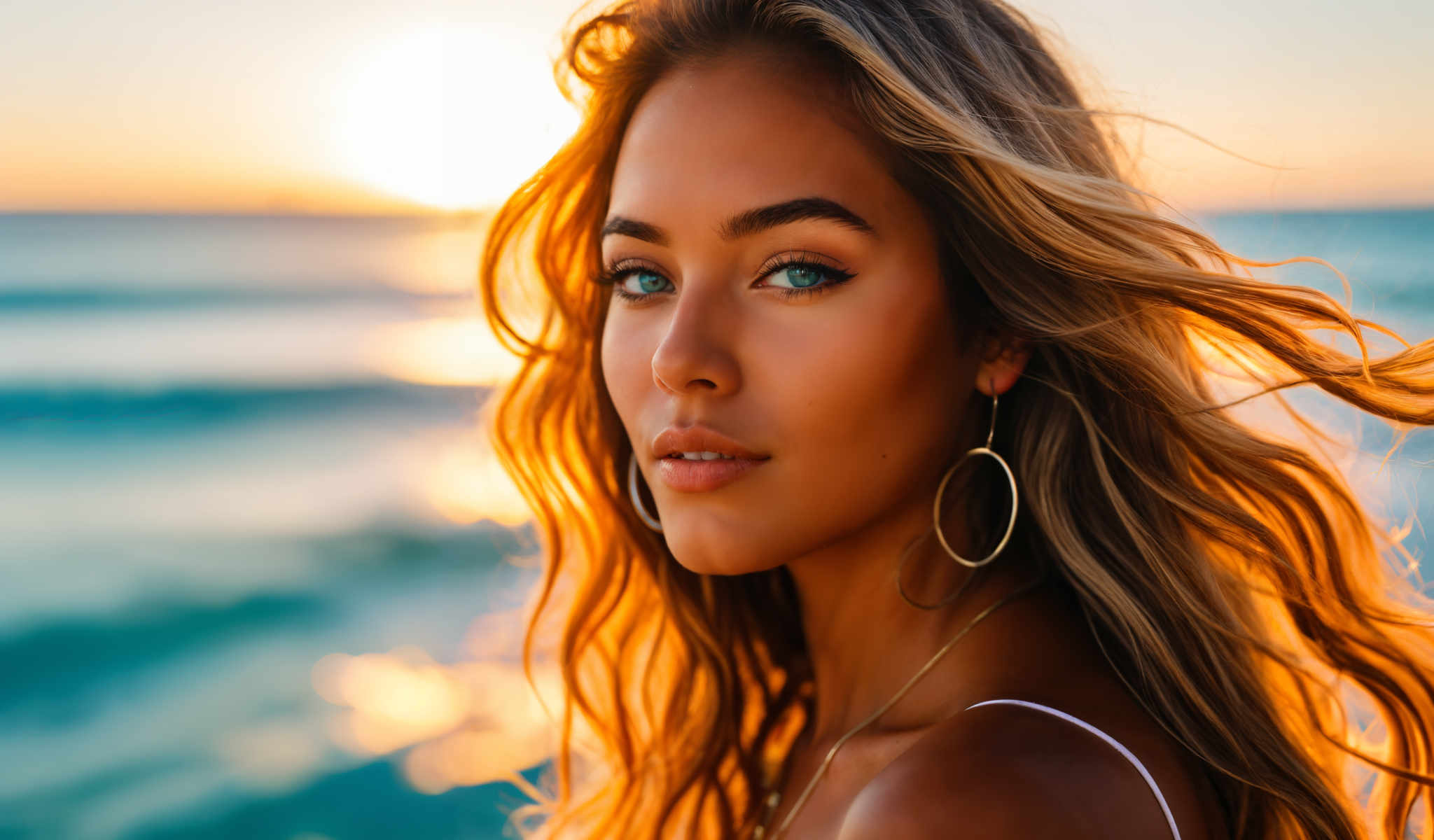 The image captures a young woman with long blonde hair and striking blue eyes. She is wearing gold hoop earrings that add a touch of elegance to her appearance. Her gaze is directed off to the side giving her a thoughtful and contemplative expression. The background is a beautiful sunset over the ocean with the warm hues of the setting sun illuminating the scene. The woman's position in the foreground with her back to the camera creates a sense of depth and perspective in the image. The overall composition of the image suggests a serene and peaceful atmosphere.