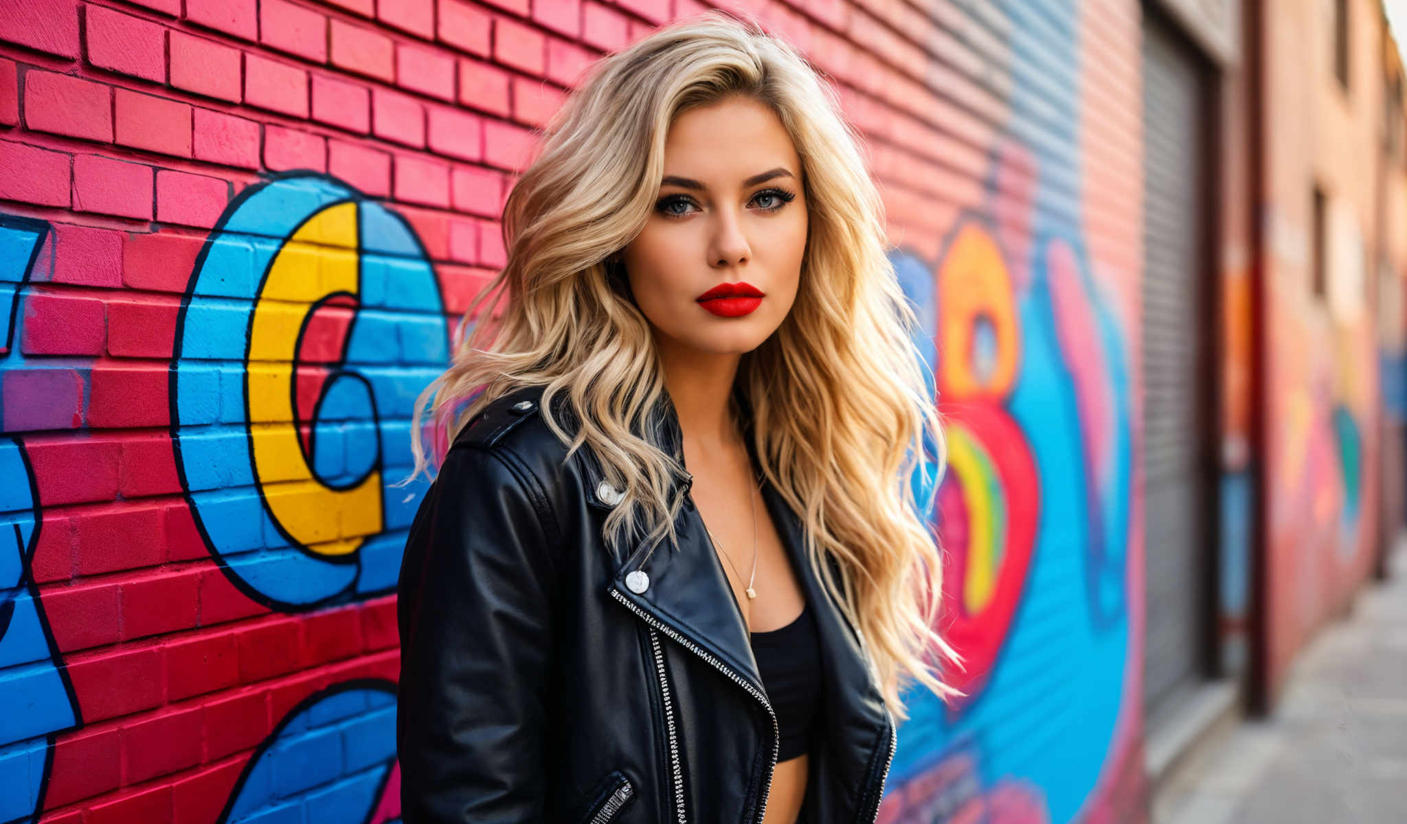 A blonde woman with red lipstick stands in front of a colorful wall. She is wearing a black leather jacket and a black top.