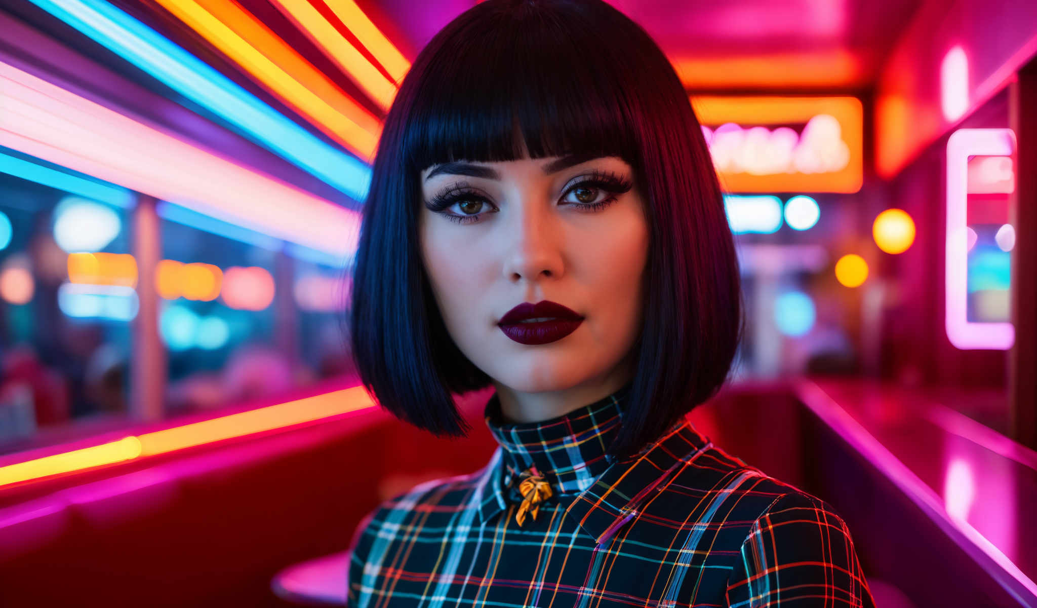 A woman with a short black bob haircut and red lipstick. She is wearing a plaid shirt.