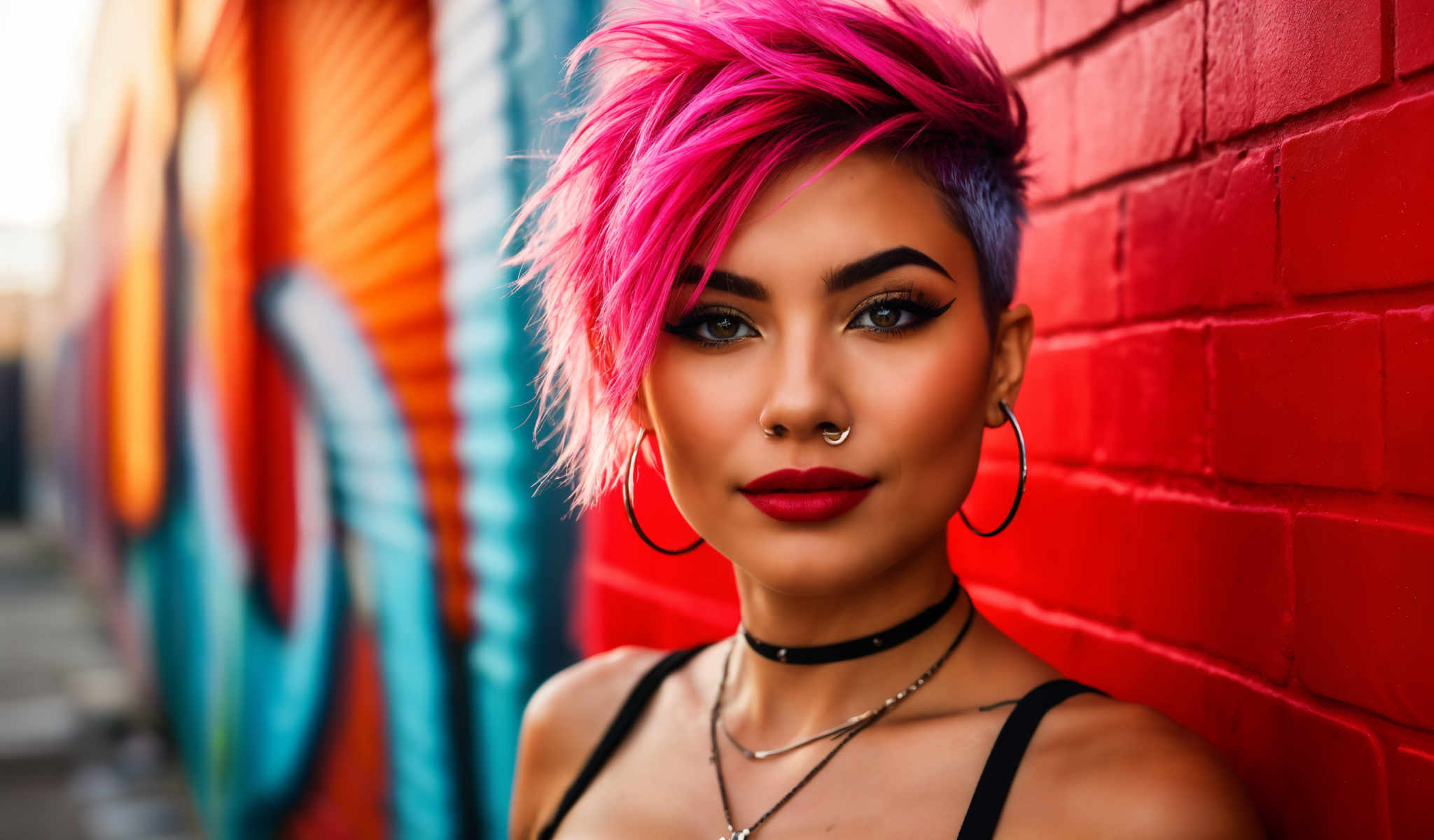 A woman with pink hair and a nose ring is wearing a black top and a choker necklace. She is standing in front of a red brick wall.