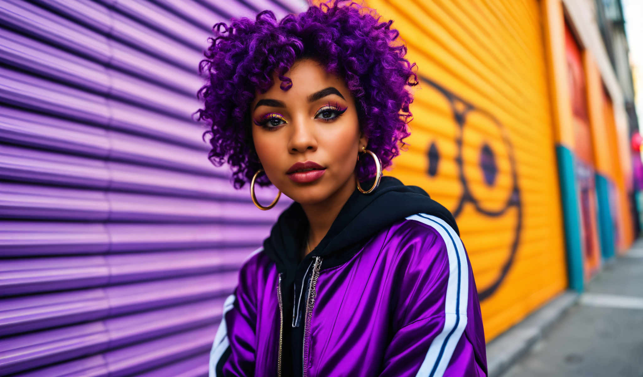 A young woman with purple hair and gold hoop earrings is wearing a purple jacket. She is standing in front of a yellow wall with a smile on her face.