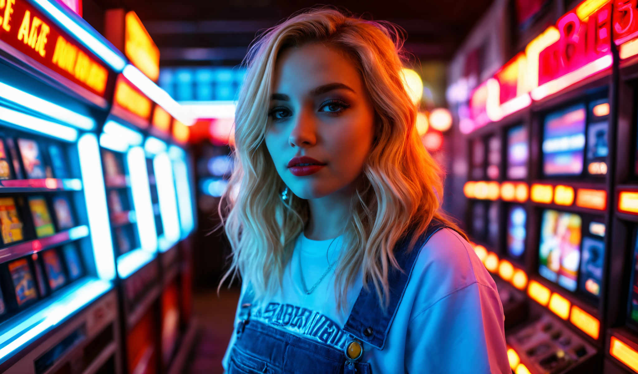 A blonde woman with a blue shirt and overalls stands in front of a neon sign.