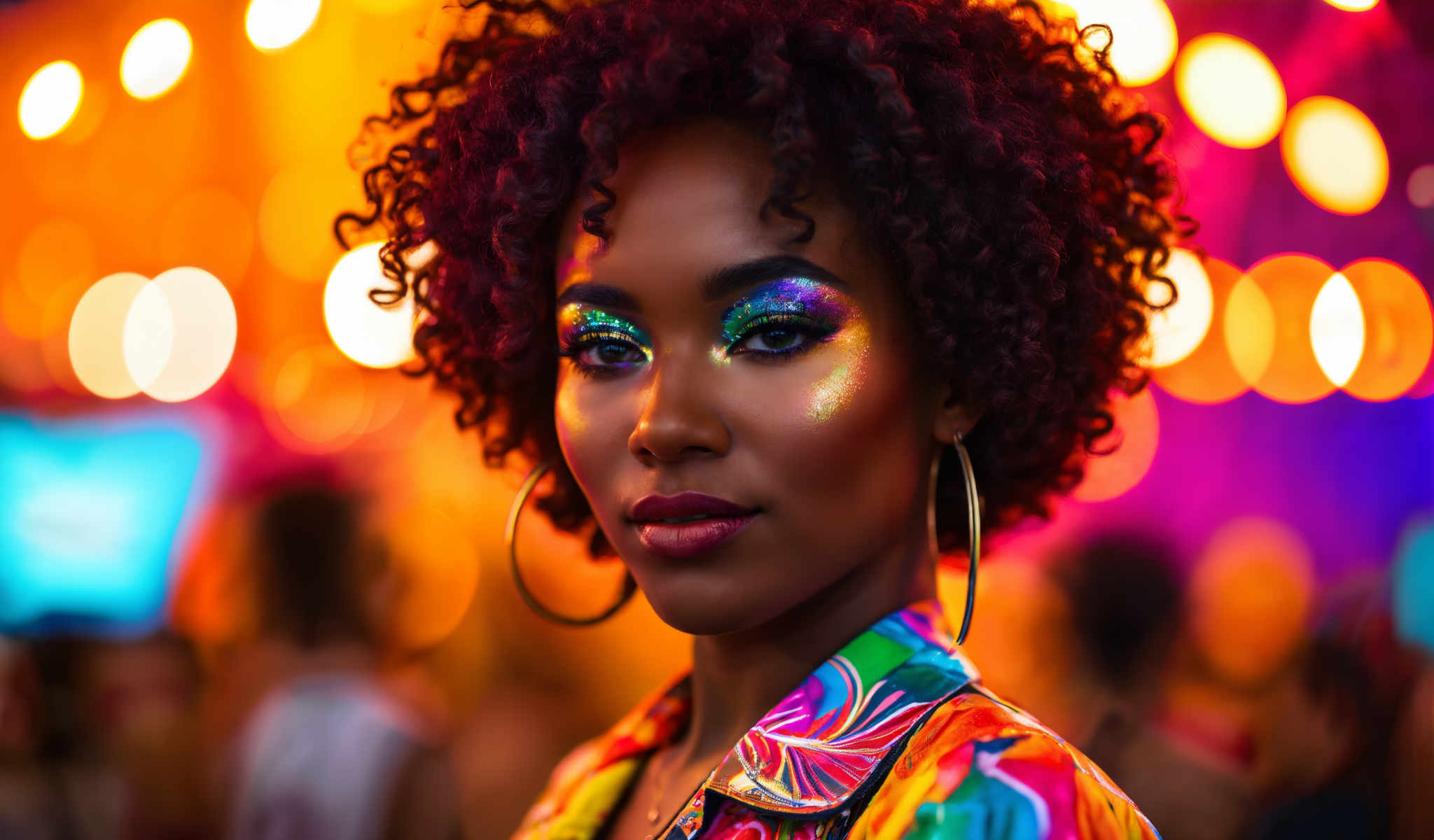 A woman with a colorful shirt and a large afro hairstyle.