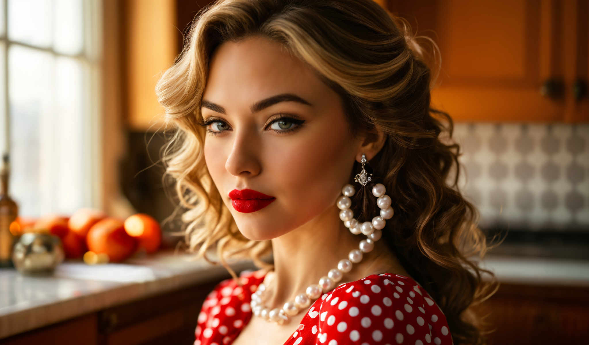 The image features a woman with blonde hair and red lipstick. She is wearing a red and white polka dot dress and pearl earrings. The background consists of a wooden counter and a red apple. The woman appears to be in a kitchen setting.