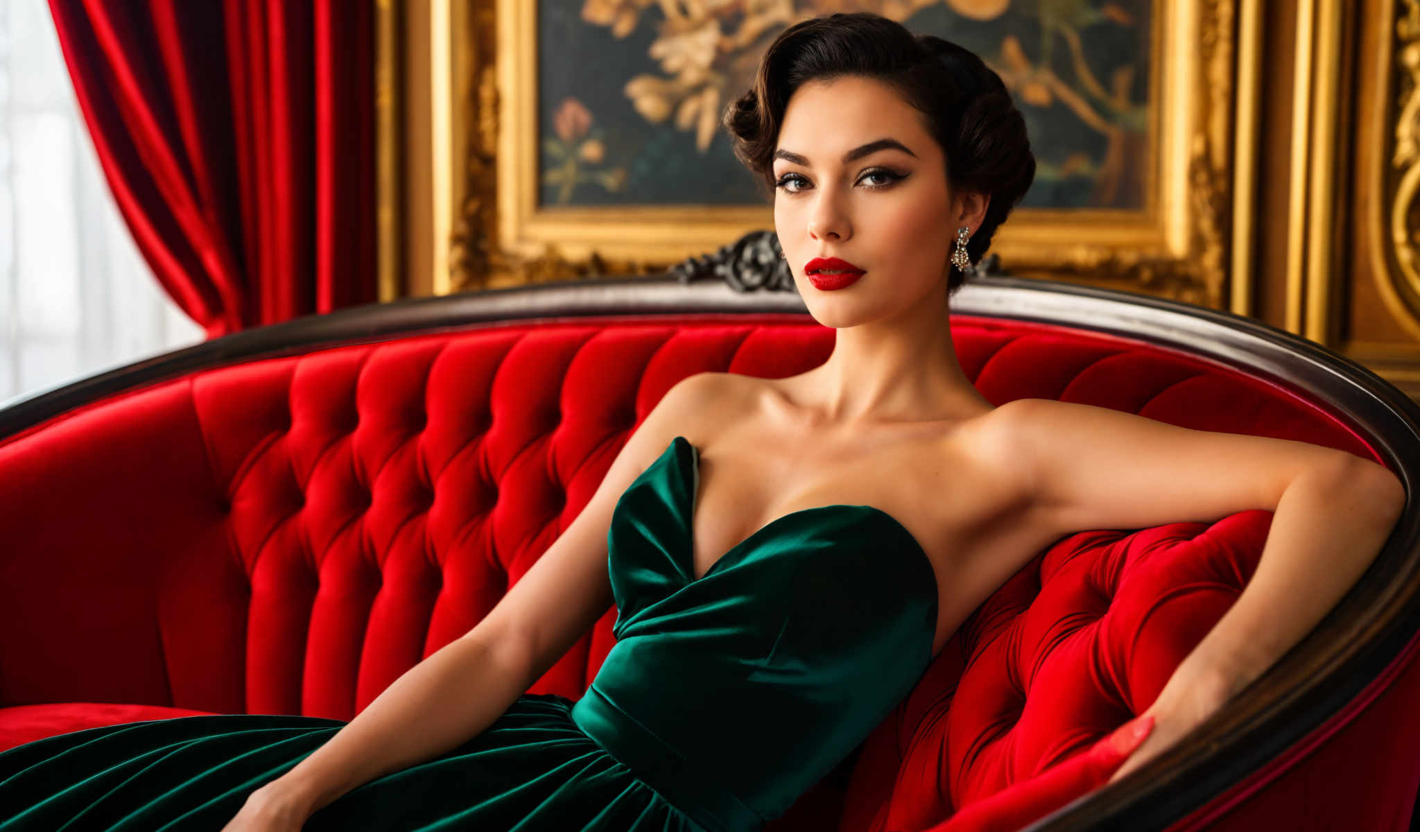 A woman in a green dress is sitting on a red couch.