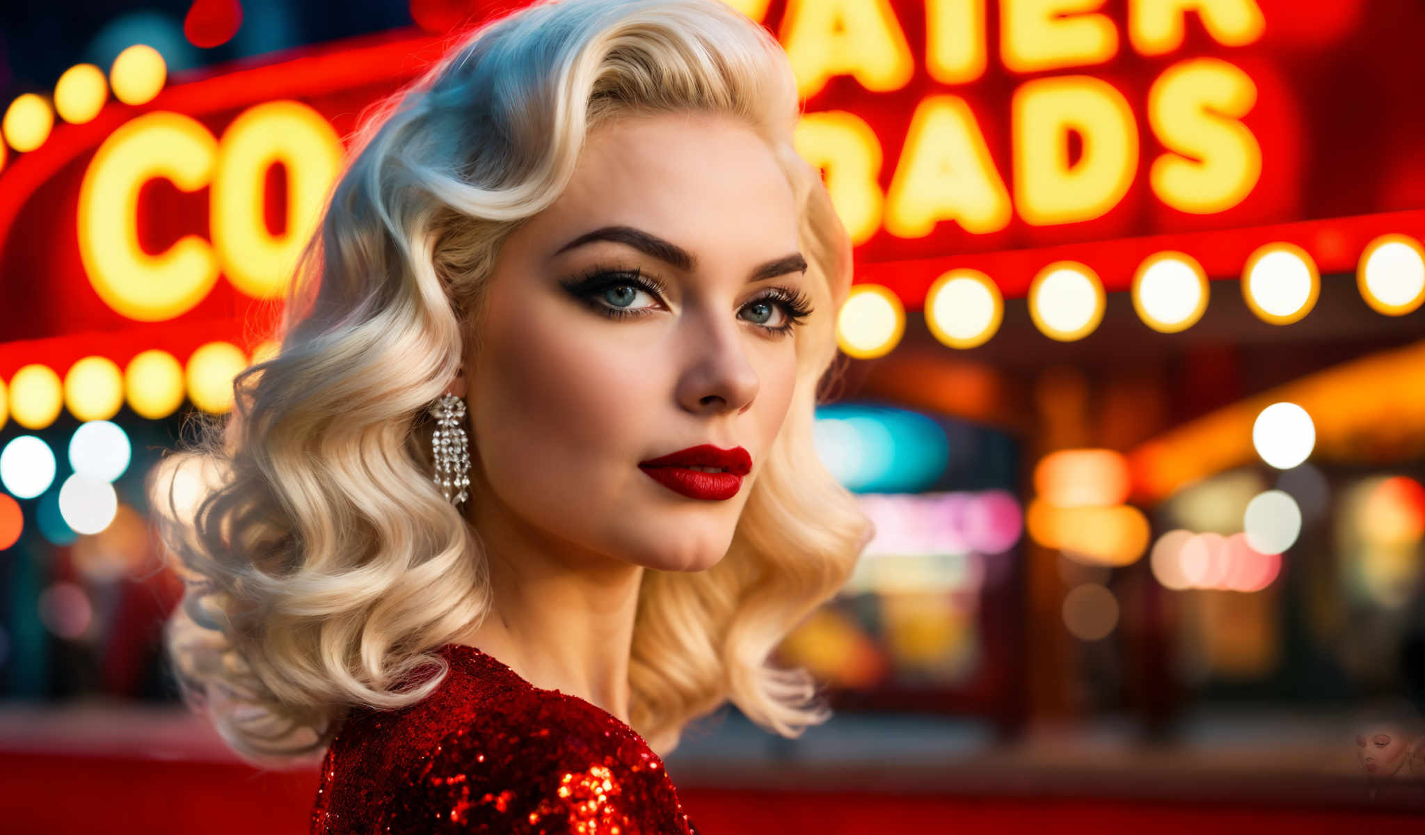 A blonde woman wearing a red sequin dress and earrings.