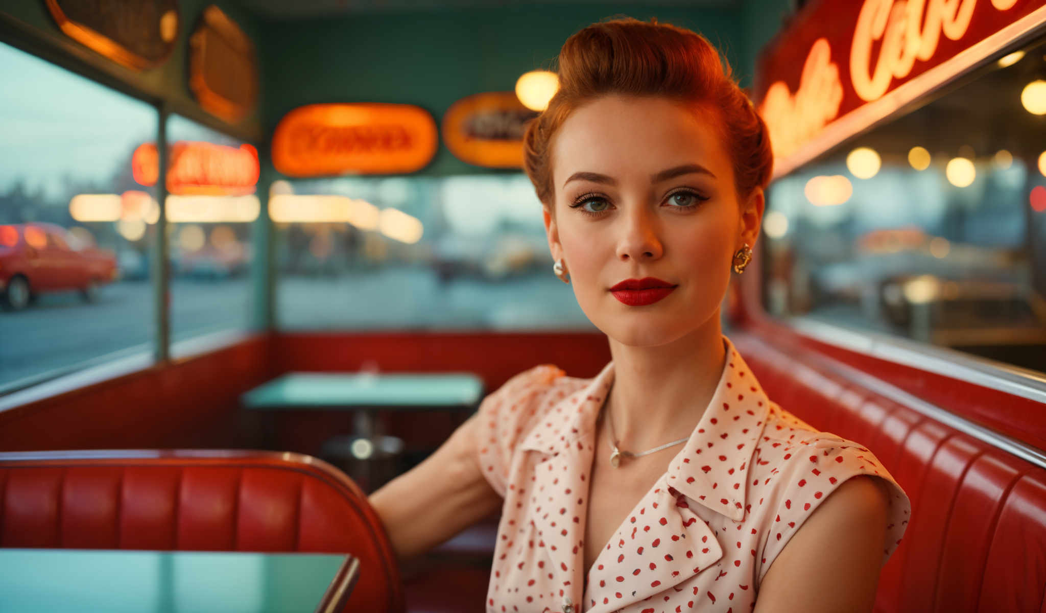 A woman in a polka dot dress sits at a table in a diner.