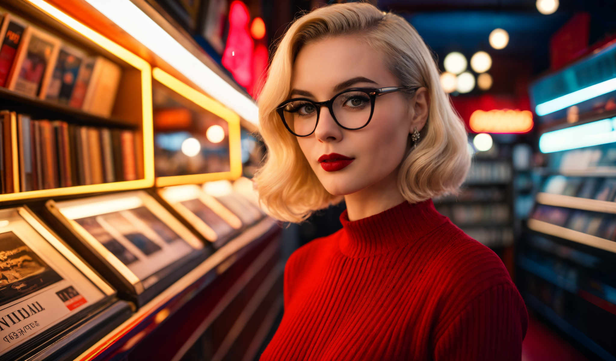 A blonde woman wearing red glasses and a red sweater stands in front of a display of books.