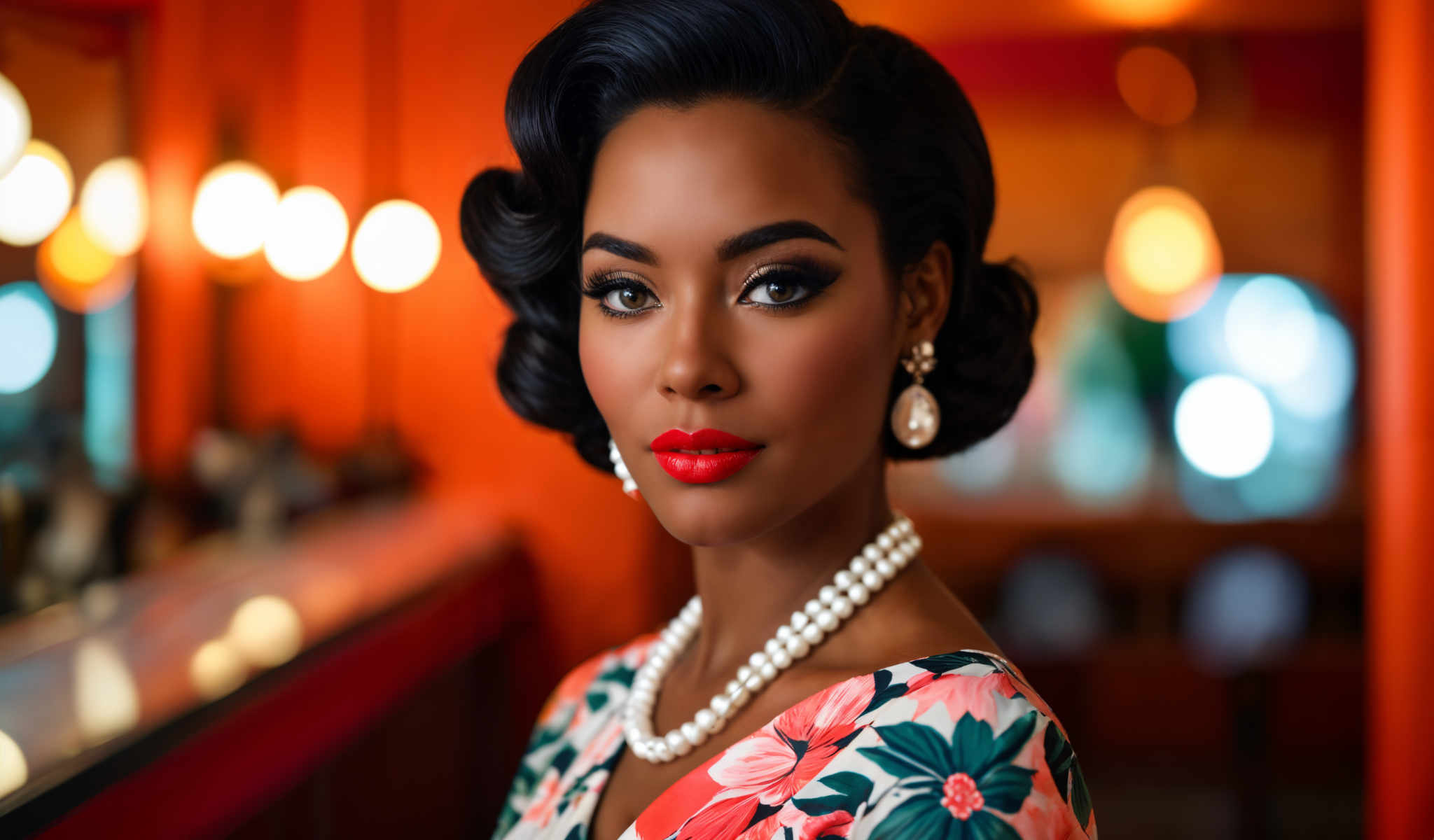 The image features a woman with a vibrant red lipstick and a pearl necklace. She is wearing a floral dress and has her hair styled in a classic updo. The background is a warm orange color and there are lights in the background. The woman is looking directly at the camera giving the impression of a posed portrait.