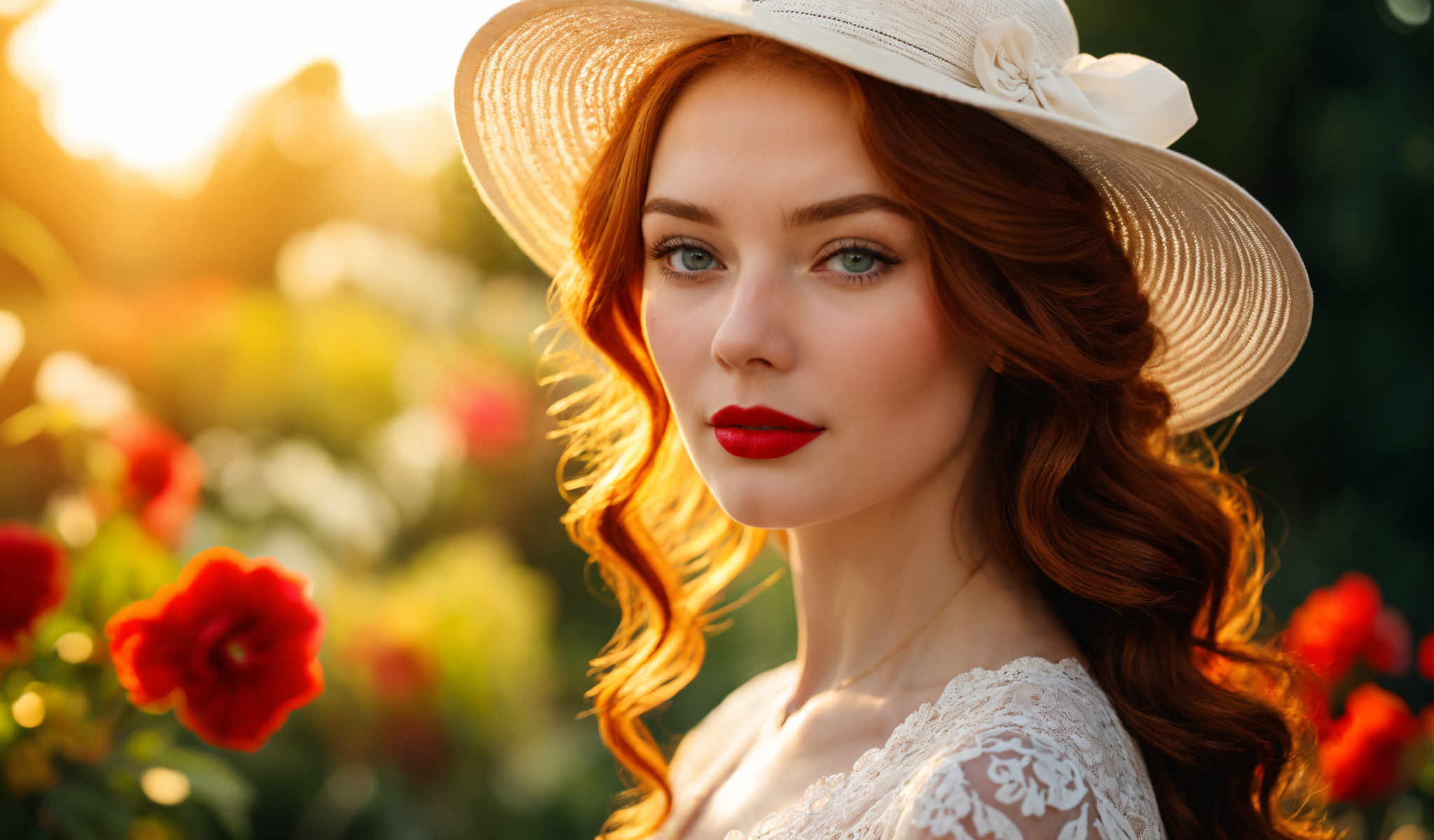 The image features a young woman with vibrant red hair. She is wearing a white hat adorned with a flower and a white lace top. Her gaze is directed off to the side and she has a slight smile on her face. The background is a blurred garden filled with red and yellow flowers. The woman appears to be the main subject of the image with the garden serving as a picturesque backdrop. The overall composition of the photo suggests a serene and peaceful setting.