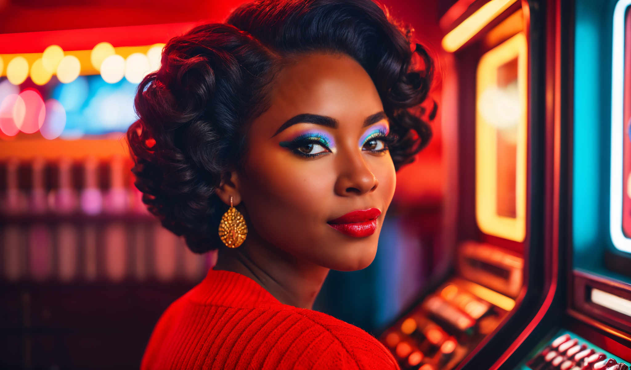 The image features a woman with curly hair and gold earrings. She is wearing a red sweater and has a red lipstick on. The background is a red and yellow neon sign. The woman is looking off to the side with a serious expression on her face.