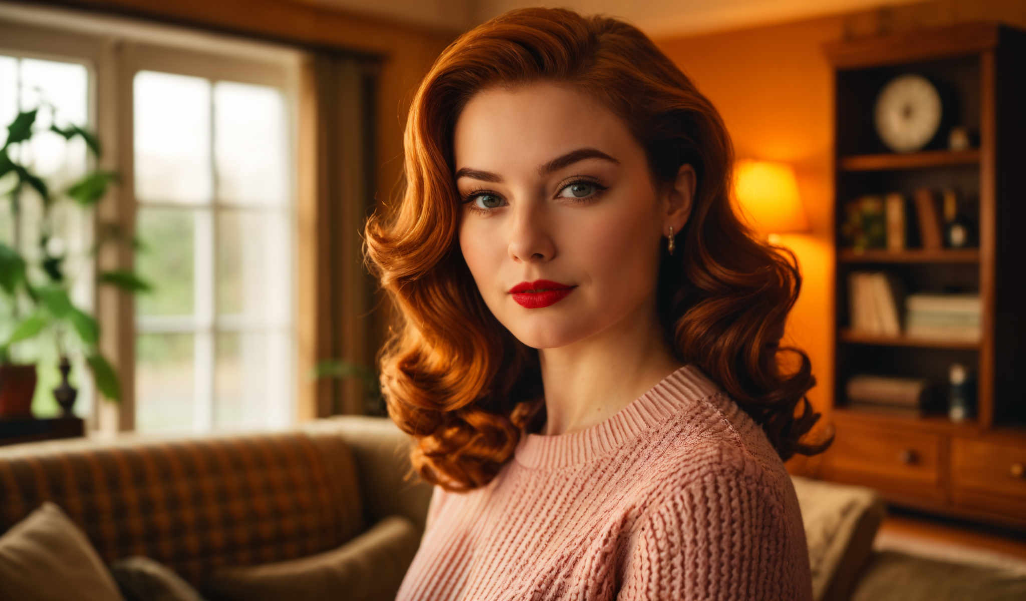 A woman with red lipstick and a pink sweater is posing for a photo.