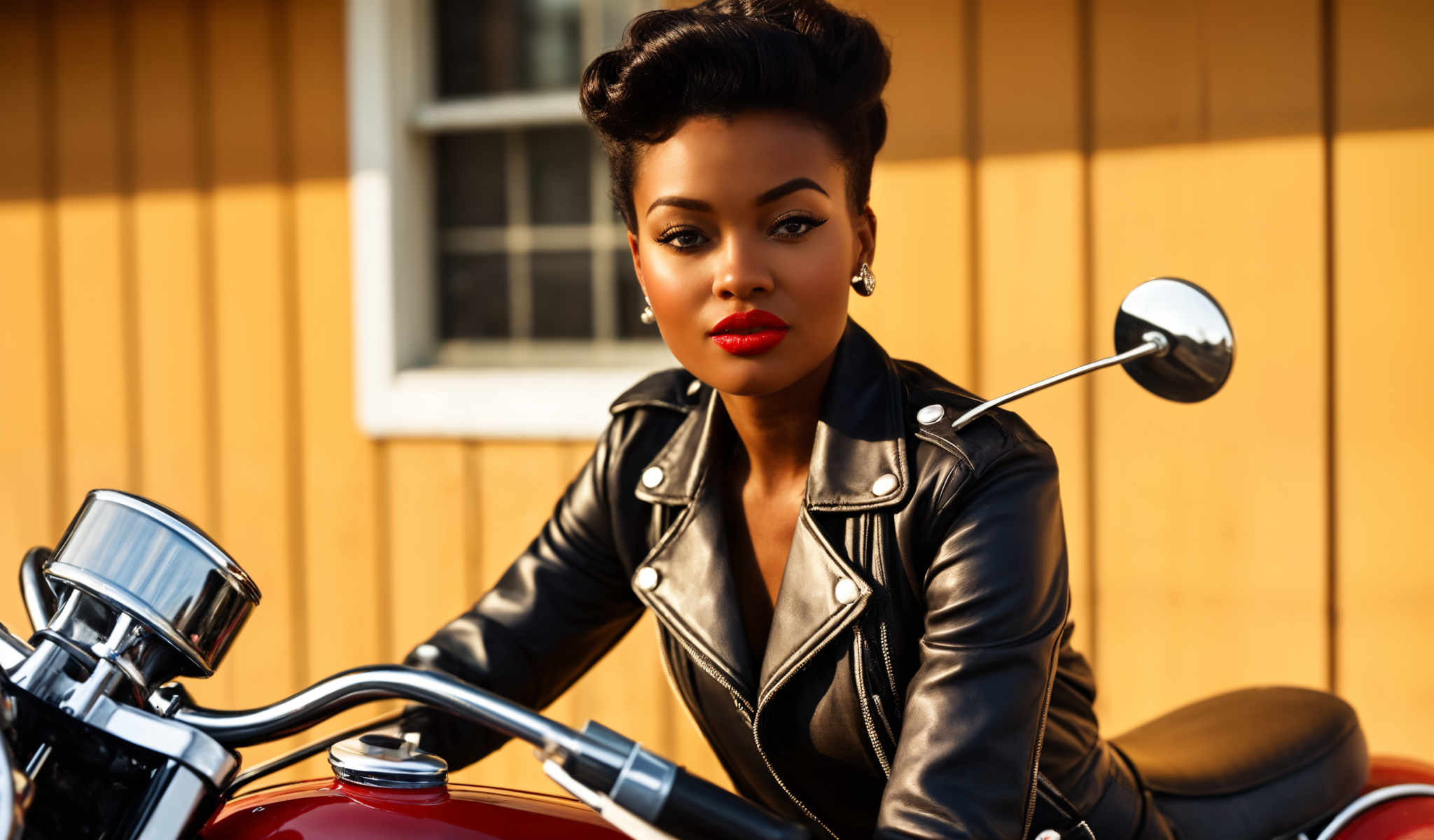 The image features a woman in a black leather jacket sitting on a red motorcycle. She is wearing red lipstick and has a headband in her hair. The motorcycle has a black seat and handlebars. The background is a yellow building with a window. The woman appears to be ready for a ride.