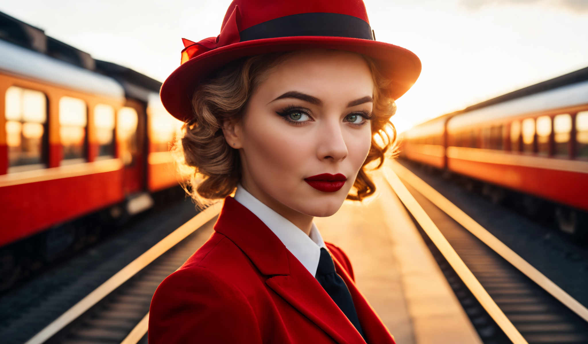 A woman in a red hat and coat stands in front of a train.