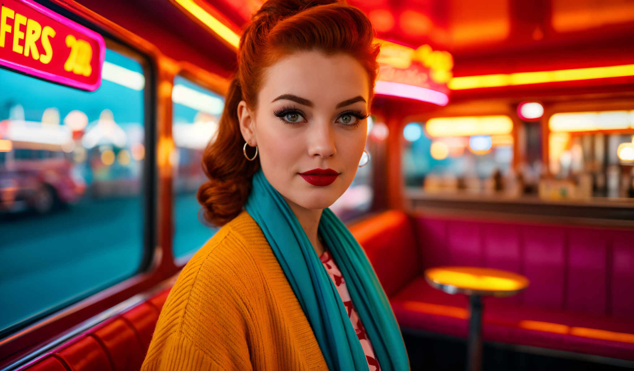 A woman with red hair and red lipstick is wearing a yellow sweater and a blue scarf. She is sitting in a booth in a restaurant.