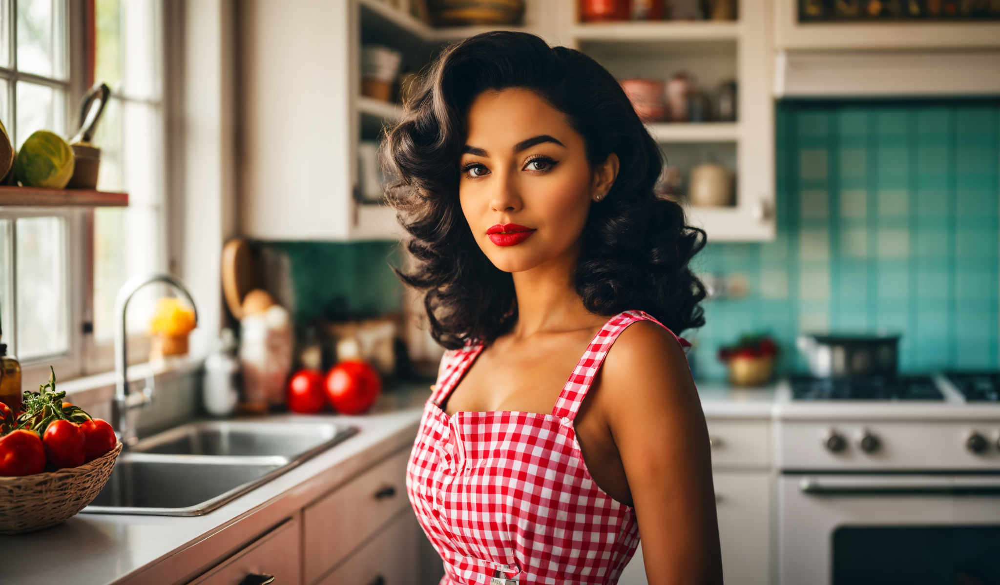 A woman in a red and white checkered dress stands in a kitchen.