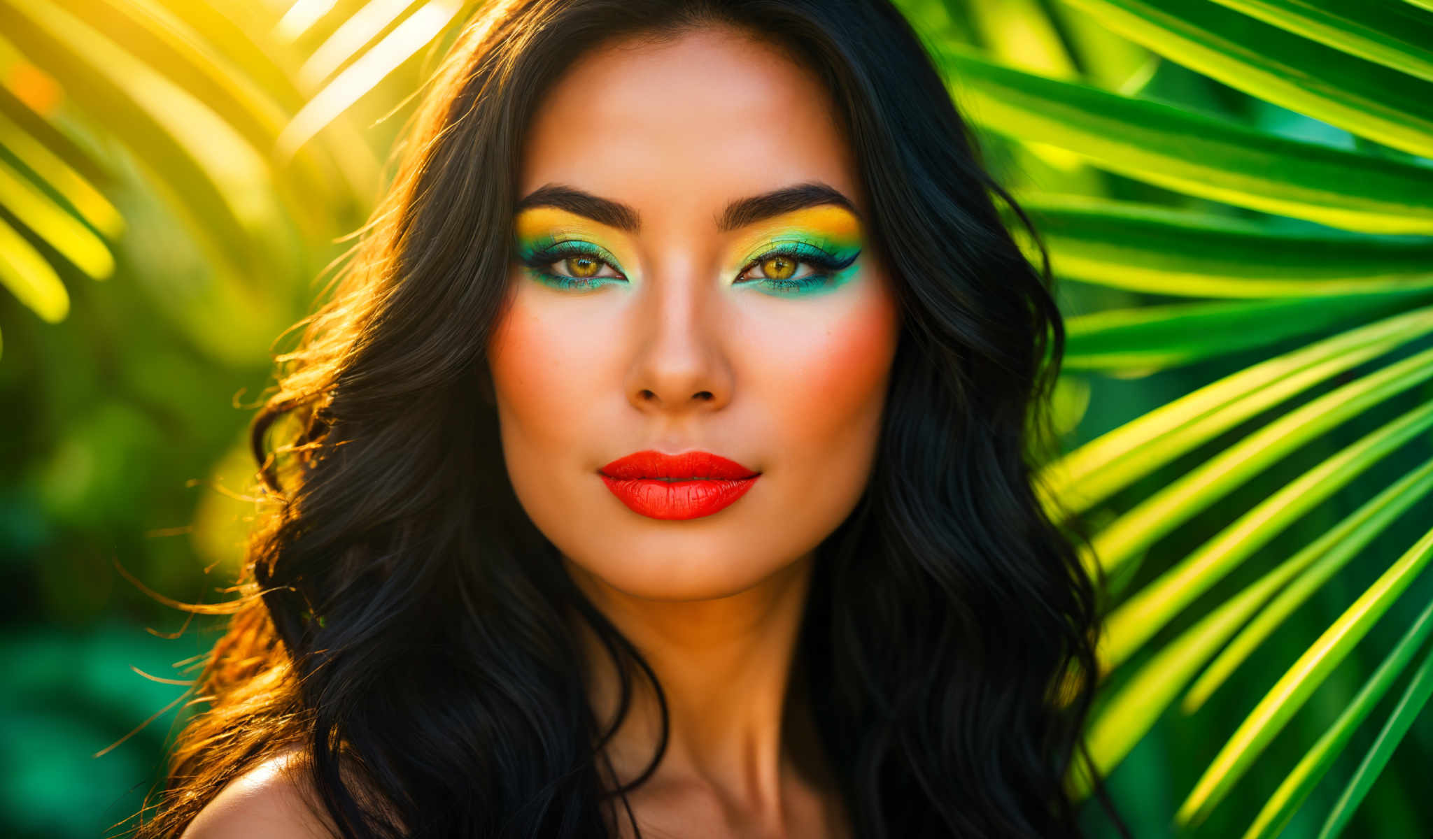 The image features a woman with long black hair and striking blue eyes. She is adorned with a vibrant makeup look that includes a bold red lip and a colorful eyeshadow design. The background is a lush green providing a stark contrast to the woman's appearance. The image does not contain any text or other discernible objects. The woman is the central focus of the image with her gaze directed towards the camera. The overall composition of the photo suggests a focus on the woman and her unique makeup look.