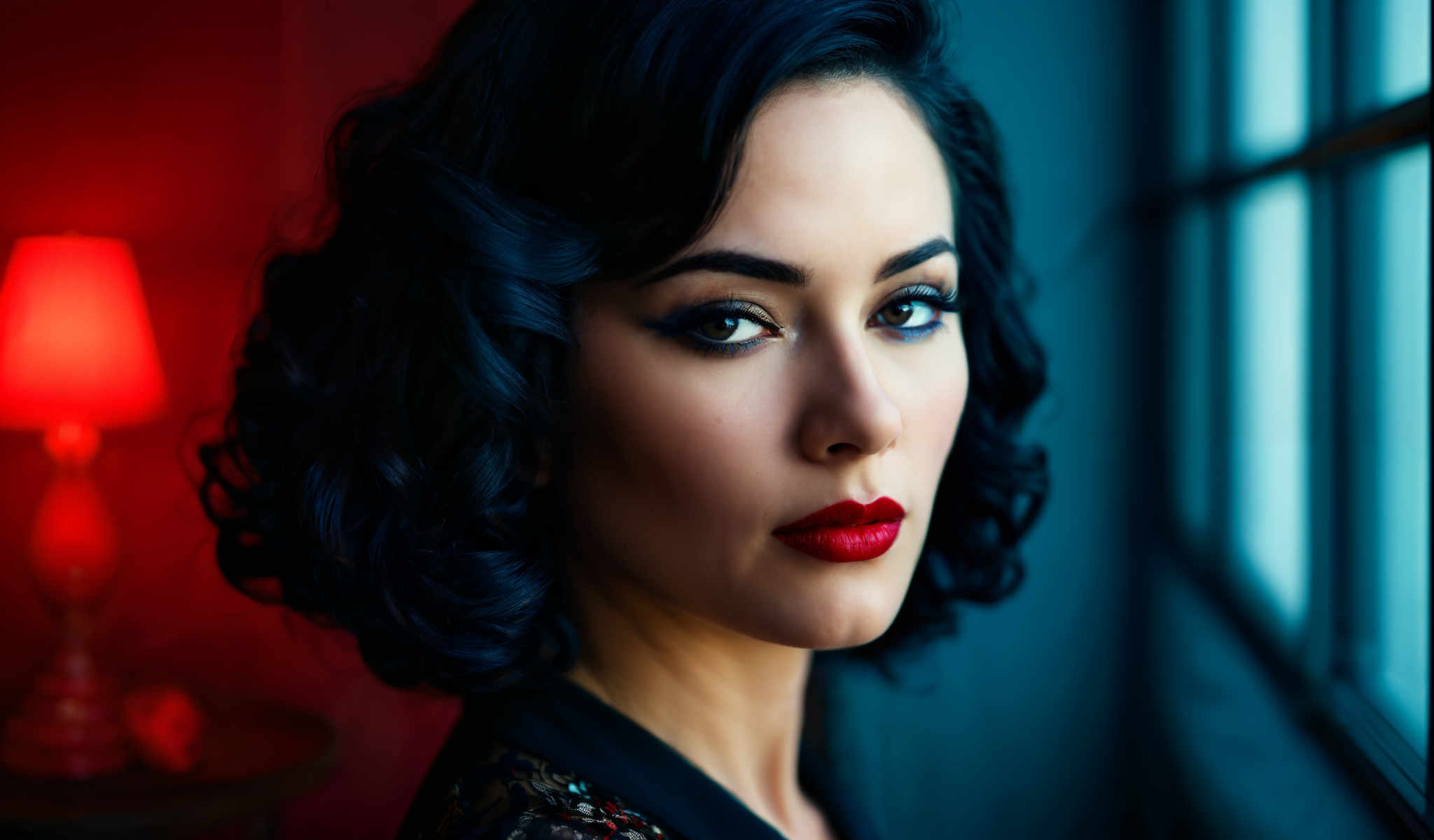 The image features a woman with dark hair and red lipstick. She is wearing a black top with a floral pattern. The background is a red wall with a blue curtain. The woman is looking off to the side giving the impression of a thoughtful or contemplative expression. The overall color scheme of the image is predominantly red black and blue. The floral pattern on the woman's top adds a touch of nature to the otherwise urban setting. The blue curtain in the background provides a contrast to the red wall adding depth to the image. The image does not contain any text or other discernible objects. The relative position of the woman to the background suggests she is the main subject of the photo. The red wall and blue curtain are in the distance further emphasizing the woman as the focal point of the composition. The photo appears to be taken indoors possibly in a studio or a similar setting.