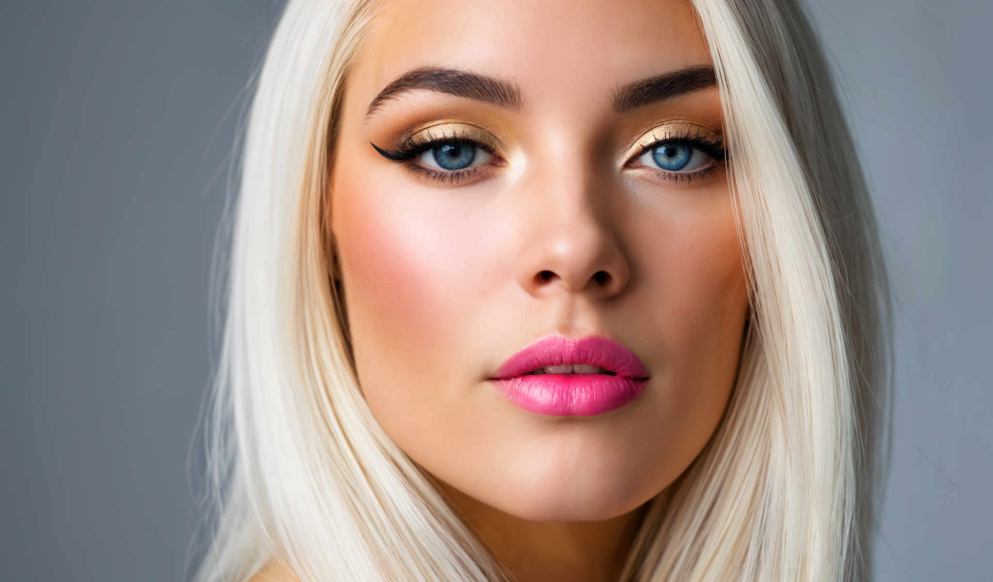 The image features a woman with blonde hair and blue eyes. She is wearing gold eyeshadow and has a pink lipstick. The background is a solid color. The woman is looking directly at the camera.