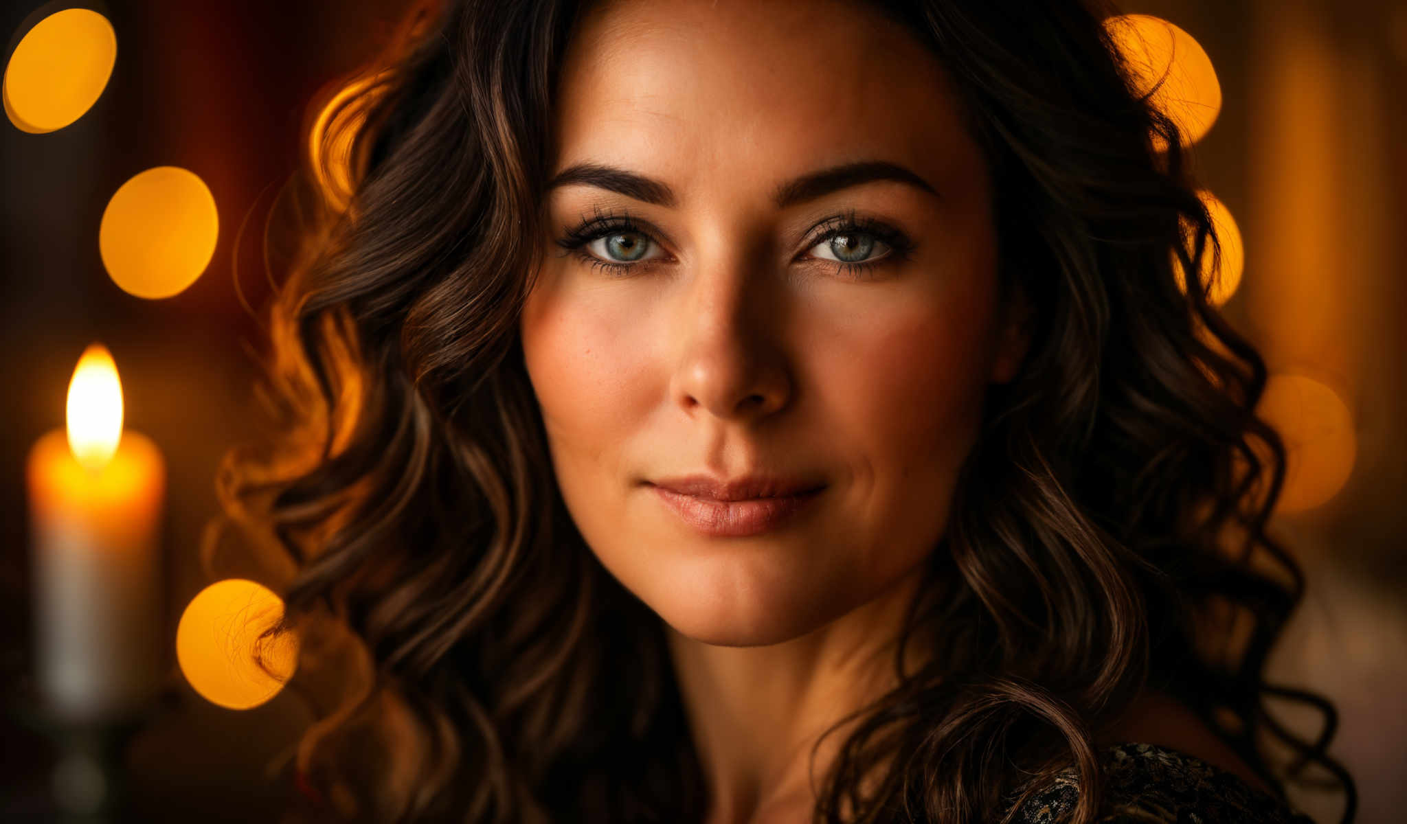 The image is a close-up portrait of a woman with long dark hair. She has striking blue eyes and is wearing a necklace. The background is blurred but it appears to be a room with a window. The woman is the main focus of the image and her gaze is directed towards the camera. The overall atmosphere of the photo is warm and intimate.