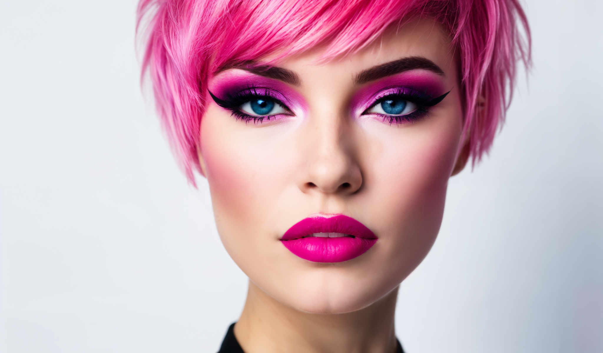 A woman with pink hair and pink lipstick.