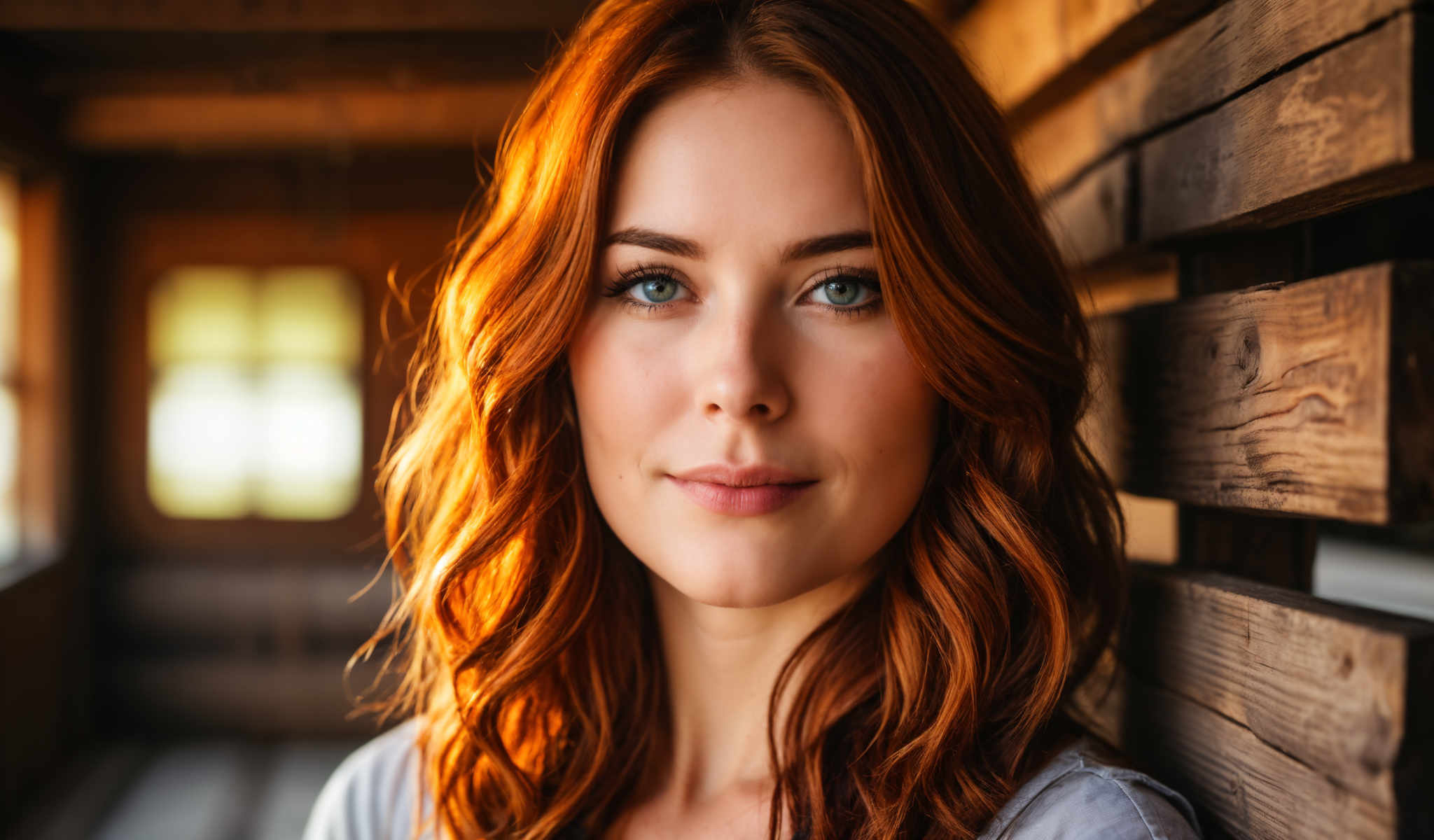 The image features a young woman with vibrant red hair. She is wearing a white shirt and is looking directly at the camera with a slight smile on her face. The background is a wooden wall with a window. The woman's hair is styled in loose curls adding to her youthful appearance. The overall image gives a sense of a casual and relaxed atmosphere.