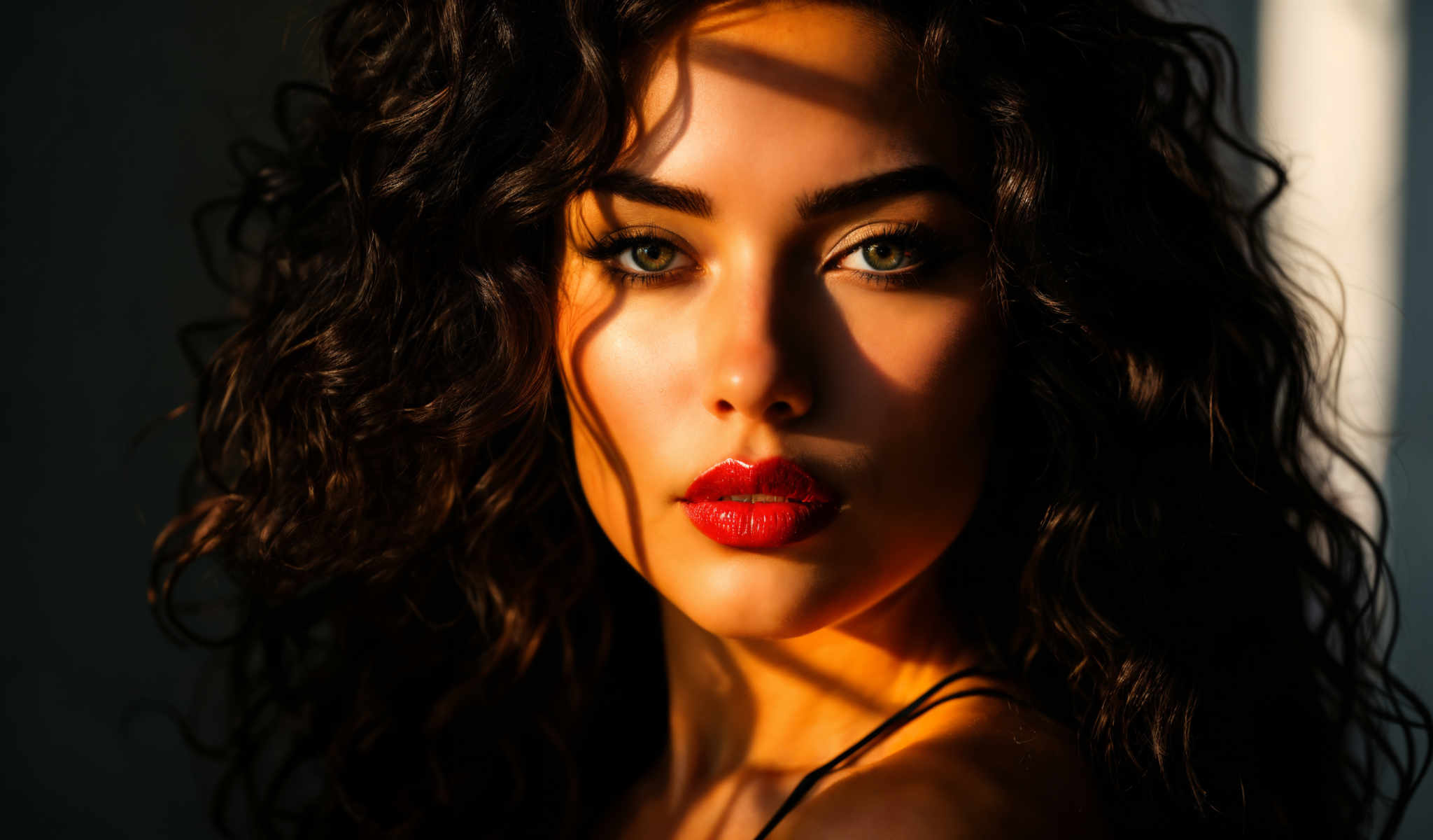 The image features a young woman with curly hair and striking green eyes. She is wearing a black top and has red lipstick on. The photo is taken from a low angle looking up at her which adds a sense of depth and perspective to the image. The background is blurred drawing focus to the woman. The lighting is natural and bright highlighting the woman's features and creating a warm and inviting atmosphere. The image does not contain any text or other discernible objects. The woman appears to be the sole focus of the image with her expression and attire suggesting a sense style and confidence. The overall composition of the photo is balanced and well-executed with the woman centrally positioned in the frame. The colors in the image are vibrant with red black and green being the most prominent. The red lipstick stands out against the woman skin while the black top provides a stark contrast to the lighter skin tones. The green eyes are a striking feature drawing the viewer's attention. The blurred background adds a soft diffused light to the scene which complements the natural lighting and enhances the overall mood of the photograph.