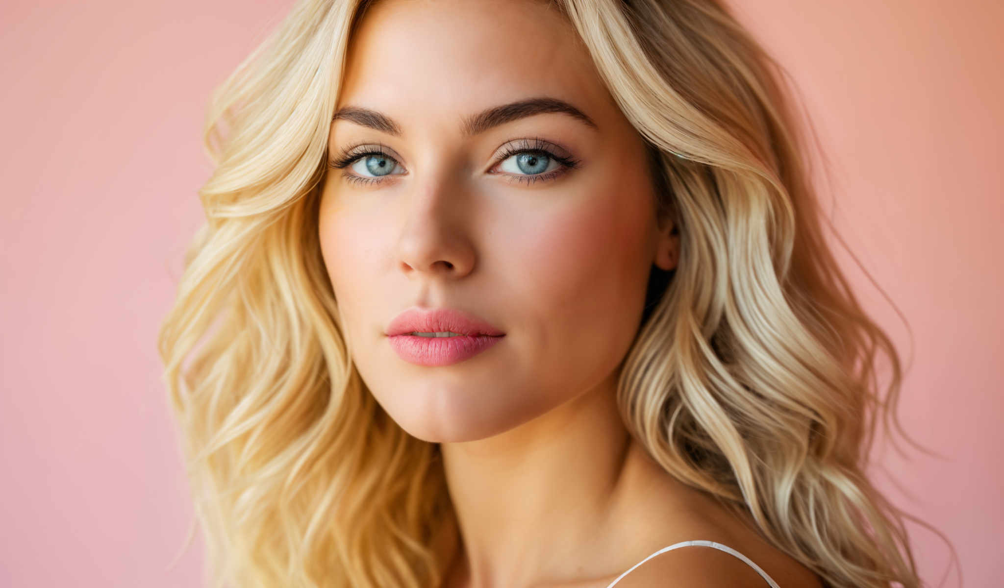 The image features a young woman with blonde hair and blue eyes. She is wearing a white tank top and is looking directly at the camera. The background is a solid pink color.