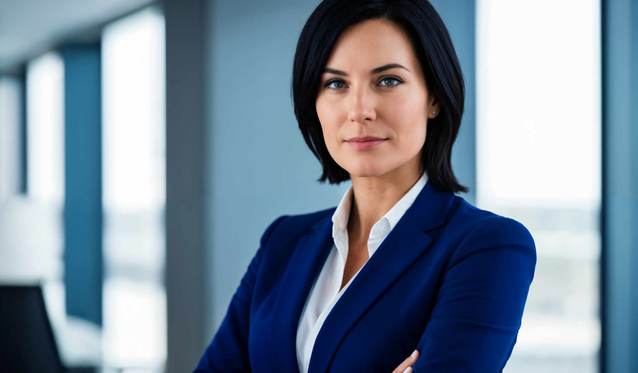 The image features a woman in a blue suit and white blouse. She has black hair and is looking directly at the camera. The background is a blue wall with a window. The woman appears to be in a professional setting.