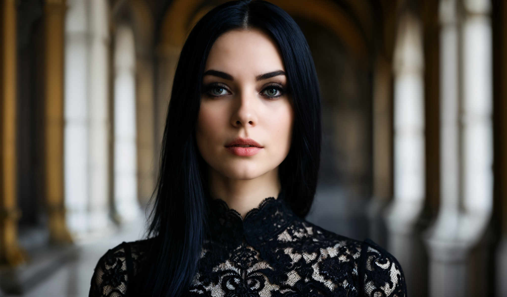 A woman with long black hair and a black lace top.