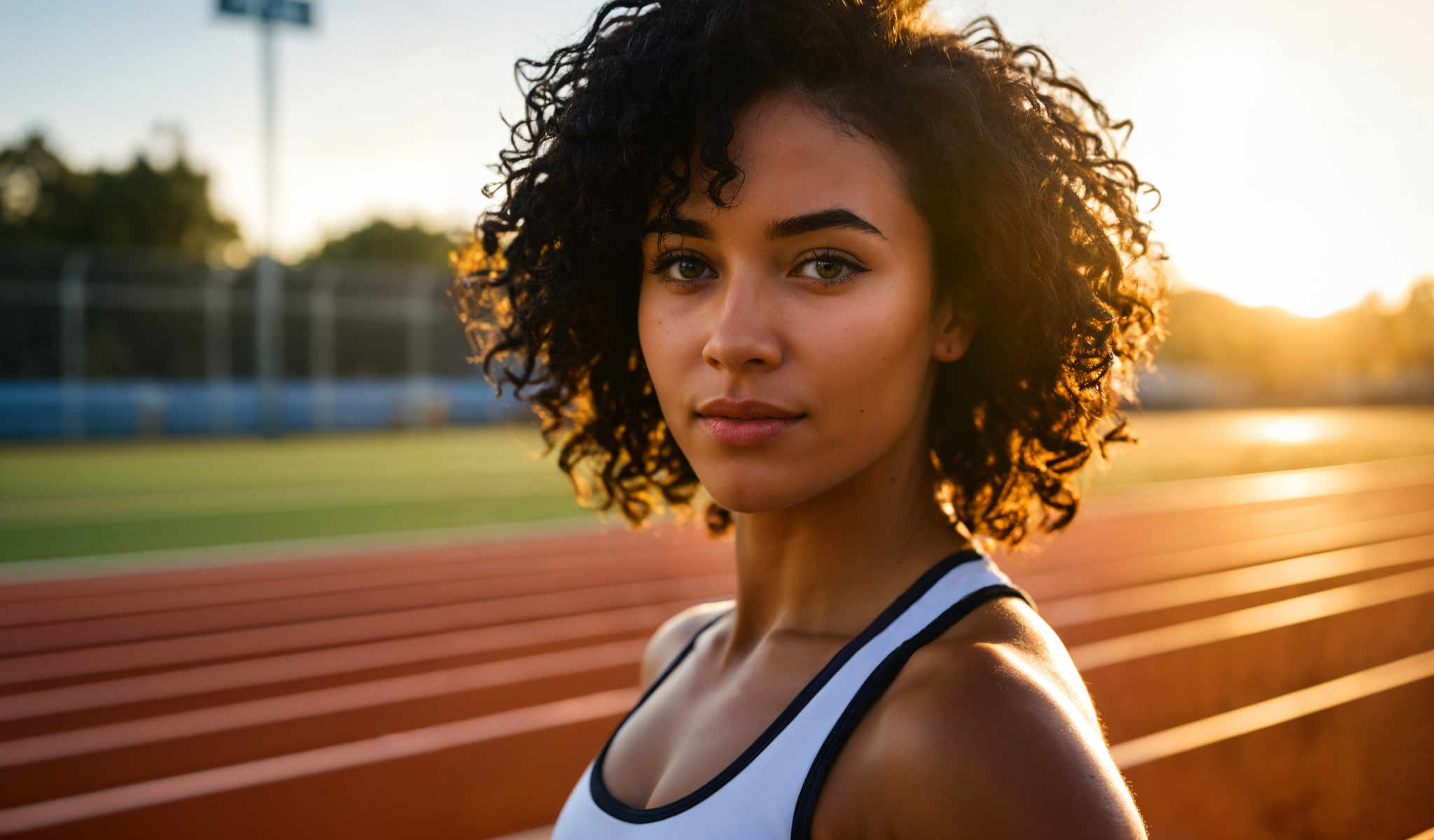 The image features a young woman with curly hair wearing a white tank top. She is standing on a track field looking directly at the camera with a serious expression. The background of the image is blurred but it appears to be a track and field. The woman's position on the track and her direct gaze into the camera suggest that she may be a runner or athlete. The image does not contain any text.