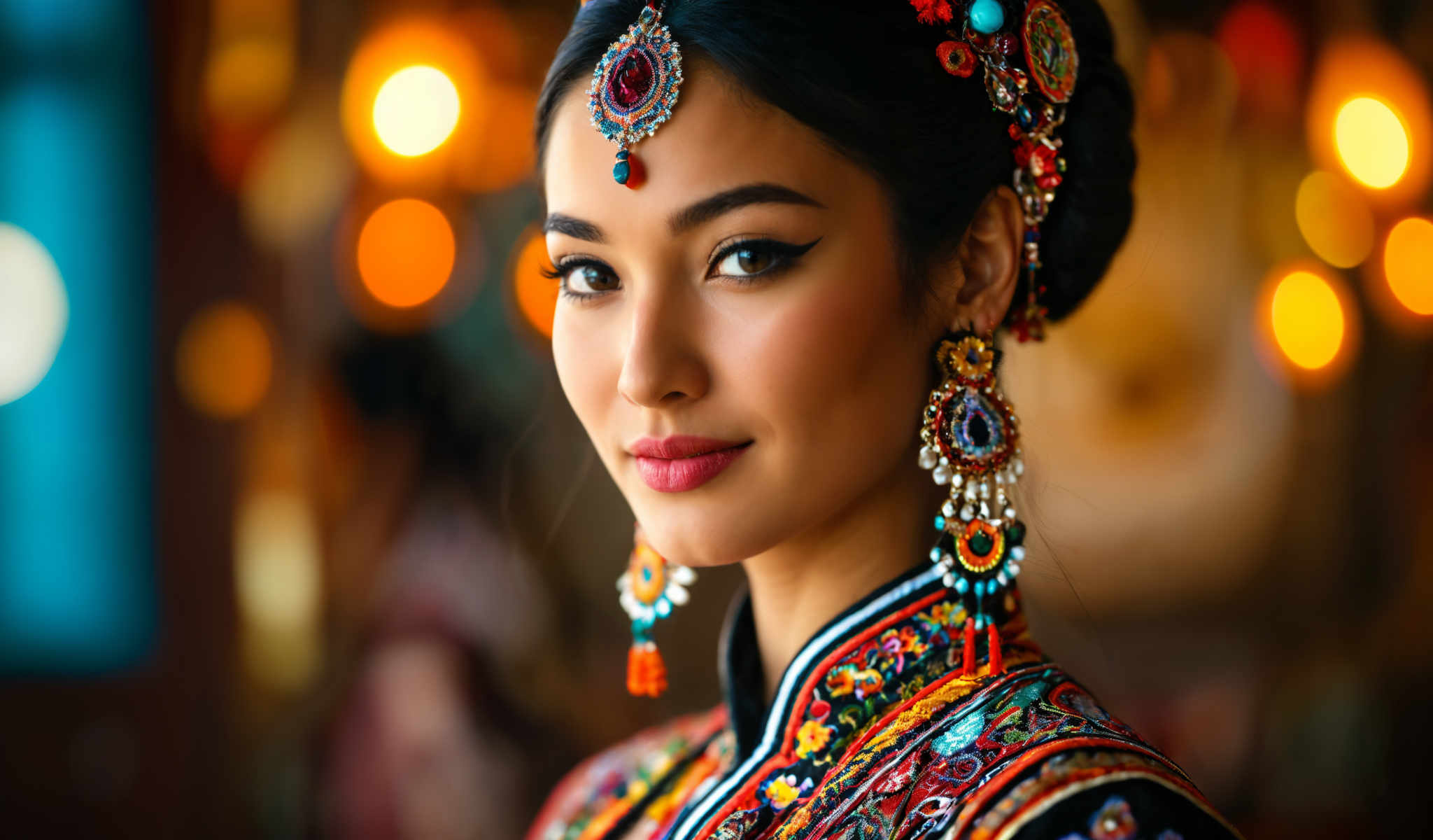 The image captures a close-up of a woman's face adorned with traditional Indian jewelry. The jewelry is a vibrant mix of colors including red blue and gold adding a touch of cultural richness to the image. The woman is wearing a traditional Indian outfit which is also decorated with the same colorful patterns as the jewelry. Her gaze is directed straight at the camera creating a sense of connection with the viewer. The background is blurred drawing focus to the woman and her traditional attire. The image does not contain any text. The overall composition of the image suggests a celebration of Indian culture and tradition.