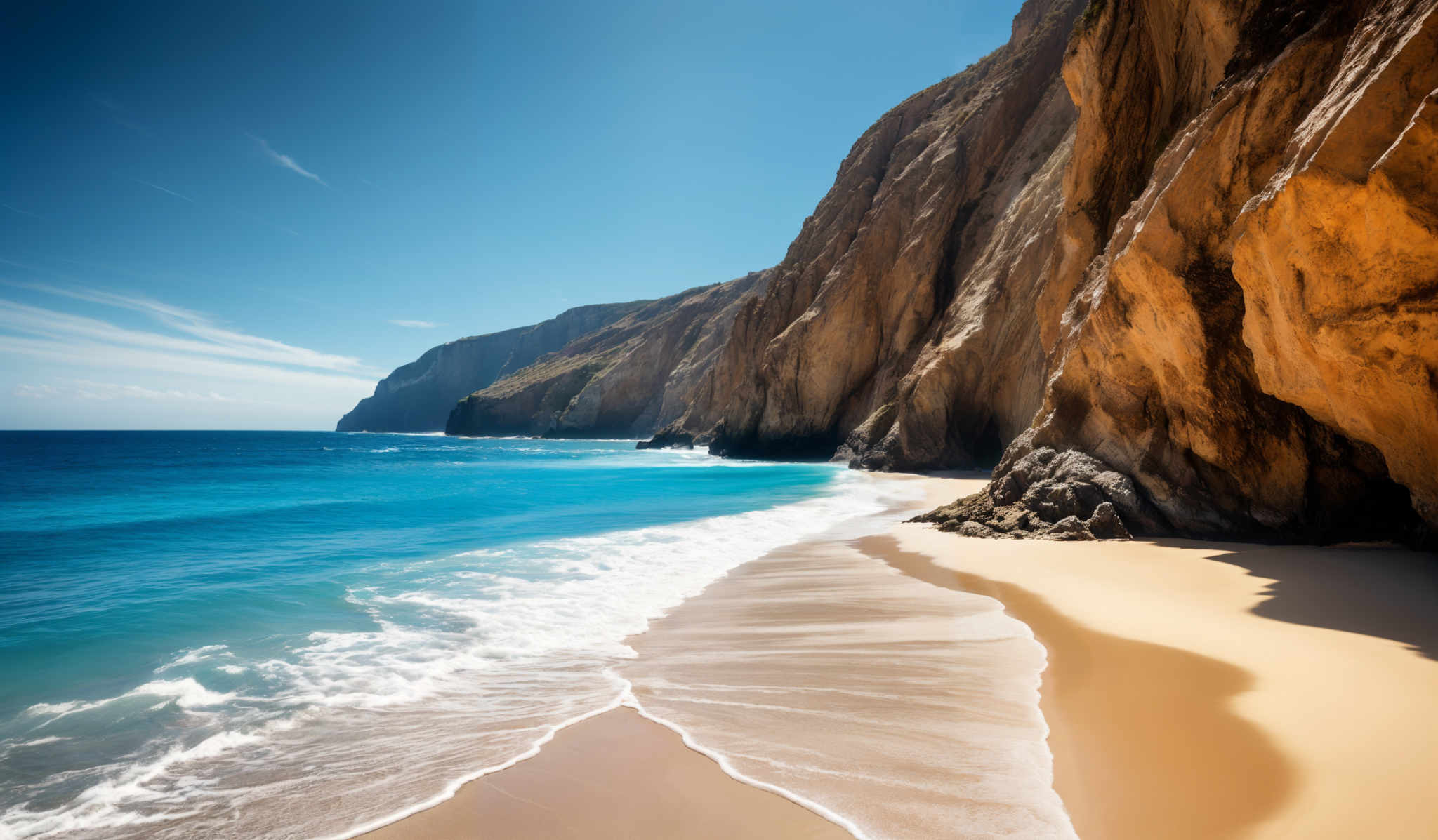 The image showcases a pristine beach with golden sands. The azure blue waters gently lap against the shore, creating a white frothy wave. Towering cliffs with rugged textures rise majestically from the beach, their reddish-brown hues contrasting with the clear blue sky above. The sun casts a warm glow on the scene, highlighting the intricate patterns on the cliffs and the shimmering waters.