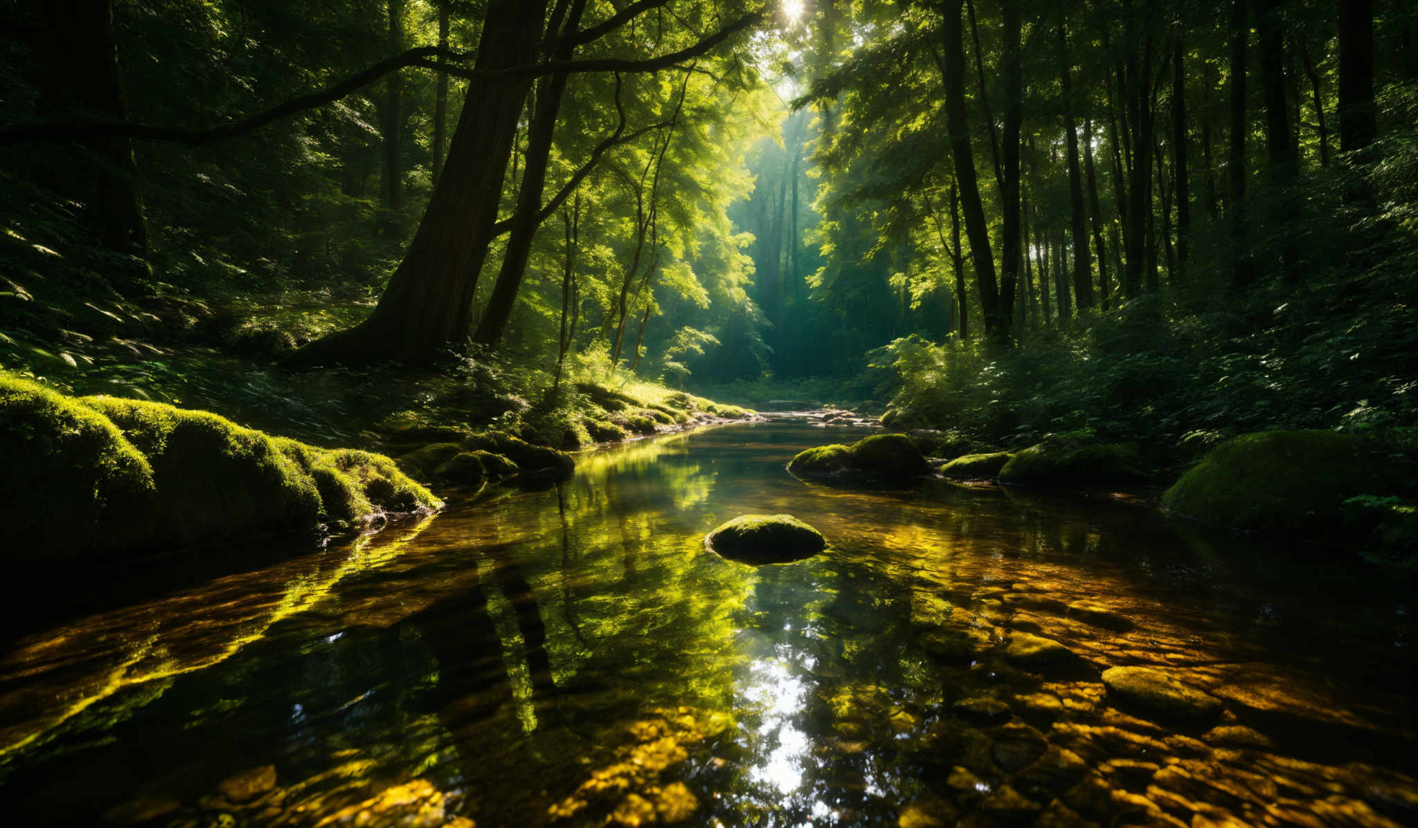 The image showcases a serene forest scene with a calm river flowing through it. The dominant colors are various shades of green, representing the dense foliage of the trees. The trees have a tall and slender shape, with their trunks reaching upwards, and their canopies filtering the sunlight, creating a dappled effect on the forest floor. The river is clear, allowing us to see the rocks beneath its surface, which are covered in moss. Sunlight pierces through the trees, casting a golden hue on the water and creating reflections of the surrounding trees.