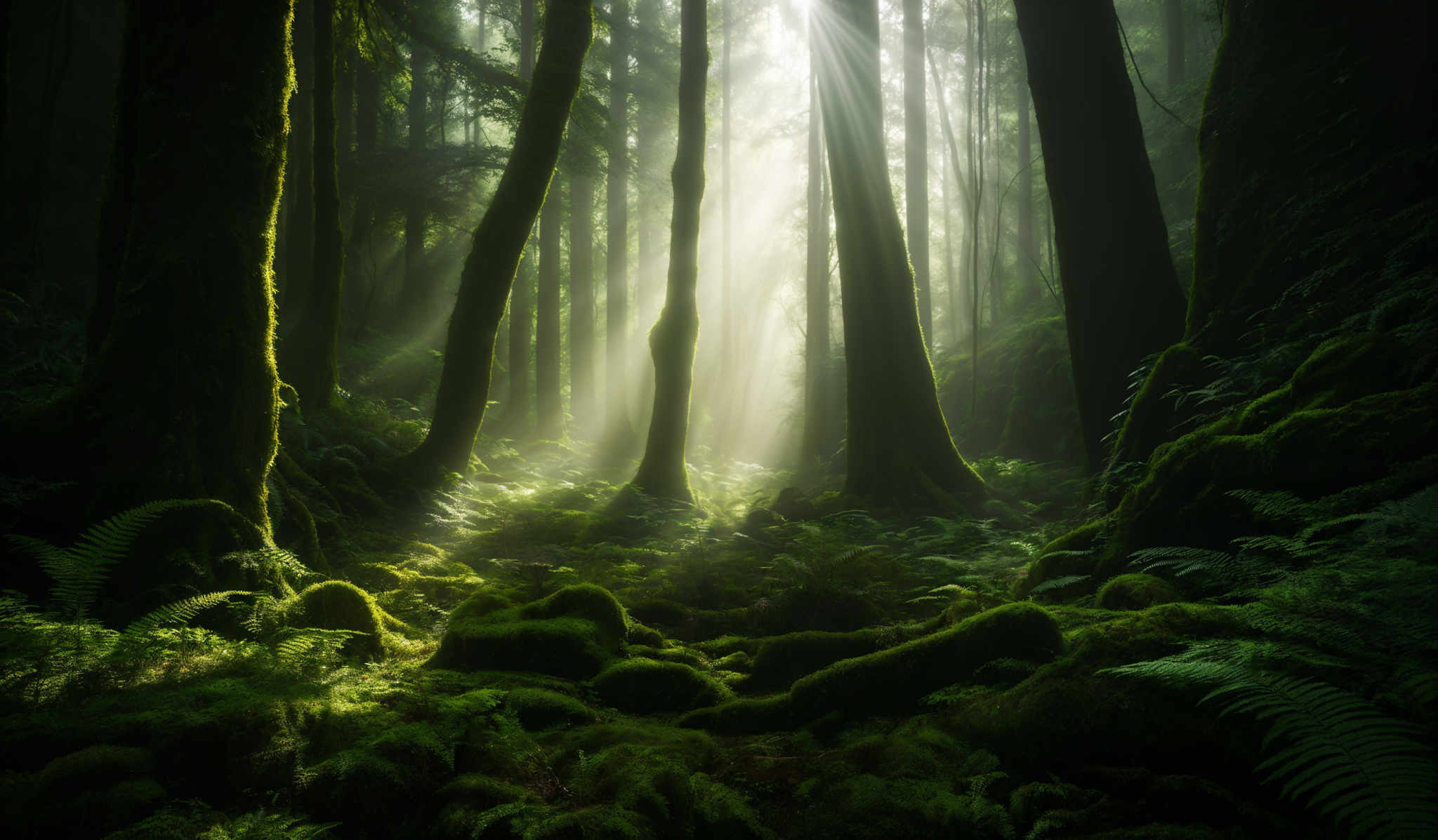 The image showcases a lush, verdant forest with tall, slender trees. The trees have a mossy green hue, indicating a moist environment. The forest floor is covered in moss, ferns, and small stones, creating a soft, cushioned texture. Sunlight filters through the trees, casting ethereal beams of light that illuminate the scene. The overall color palette is dominated by various shades of green, with hints of brown from the tree trunks and the forest floor.