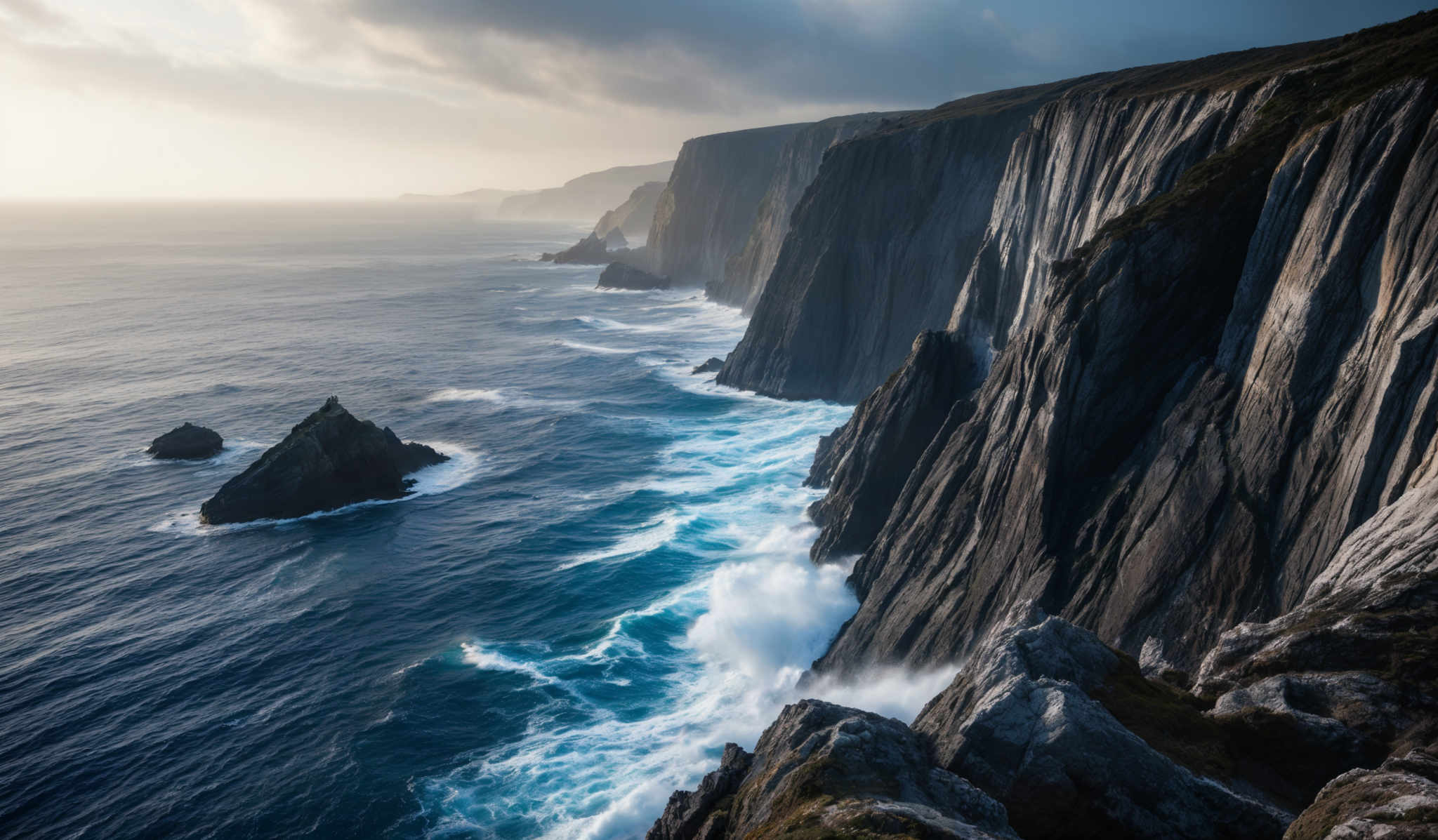 The image showcases a breathtaking coastal landscape. Dominating the scene are tall, vertical cliffs that plunge into the sea. The cliffs are rugged and have a steep gradient, with some parts appearing to be eroded, revealing layers of rock. The sea below is turquoise, with waves crashing against the base of the cliffs. There are also rock formations jutting out from the water, adding to the ruggedness of the scene. The sky above is partly cloudy, with the sun casting a soft glow on the horizon, illuminating the cliff faces and the sea with a warm hue.