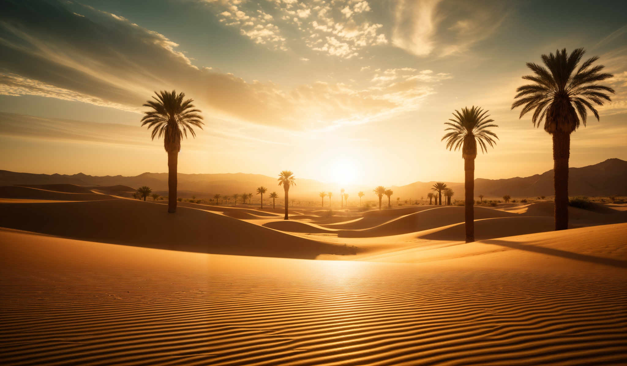 The image showcases a breathtaking desert landscape during sunset. The dominant colors are warm hues of orange, gold, and deep blue. The sun casts a golden glow, illuminating the sand dunes and creating long shadows. The dunes have a rippled texture, possibly due to the wind. The scene is punctuated by tall palm trees that stand tall against the backdrop of the setting sun. The sky is painted with soft clouds, and the mountains in the distance add depth to the scene.