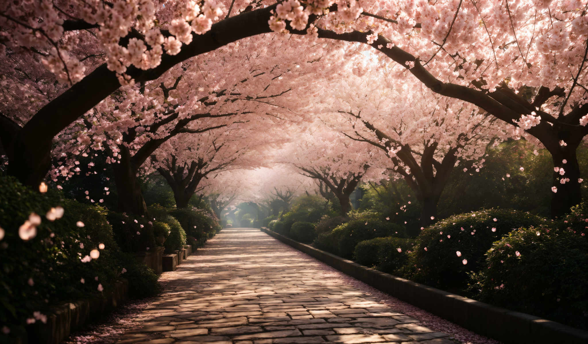 The image showcases a picturesque scene of a pathway lined with cherry blossom trees in full bloom. The trees have long, curved branches that arch over the pathway, creating a canopy of soft pink blossoms. The petals are falling gently, adding to the ethereal atmosphere. The pathway itself is made of cobblestones, and it leads into the distance, where the light seems to gently fade, creating an illusion of depth. The surrounding area is adorned with green shrubs and bushes, providing a contrast to the vibrant pink of the cherry trees.