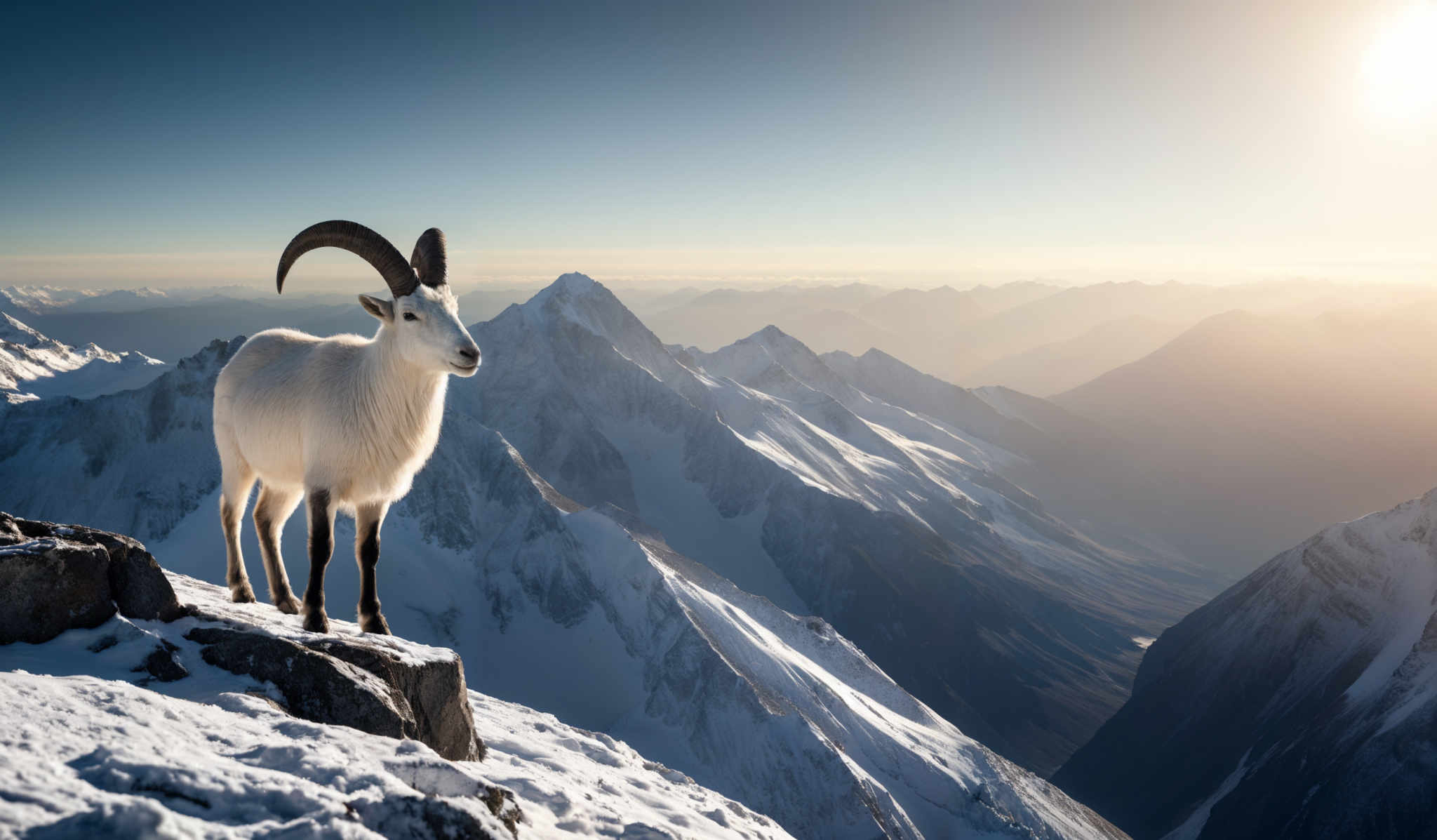 The image showcases a breathtaking mountainous landscape during what appears to be either sunrise or sunset. Dominating the foreground is a white, mountain goat with large curved horns, standing on a rocky outcrop covered in snow. The goat's fur is pristine white, contrasting beautifully with the rugged terrain. In the background, multiple snow-capped peaks stretch out, bathed in the golden hues of the sun. The sky is clear with a gradient of colors from deep blue at the top to a warm orange near the horizon.