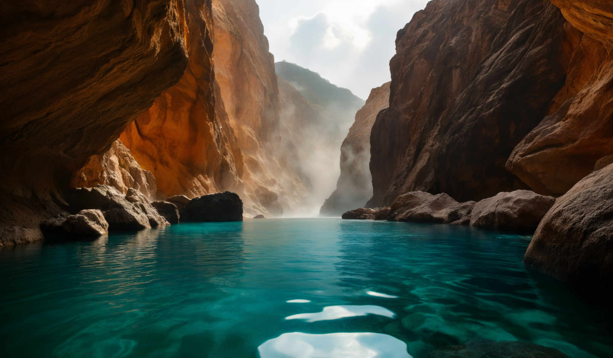 The image showcases a breathtaking view of a canyon with towering cliffs on either side. The cliffs are characterized by rugged textures and varying shades of brown and orange, suggesting the presence of minerals or the effects of weathering. The water in the canyons is a vibrant shade of turquoise, reflecting the sky above. Sunlight filters through the top, casting a soft glow on the water and creating a misty ambiance in the distance. The overall shape of the canopy is narrow and elongated, with the water body taking up a significant portion of the foreground.