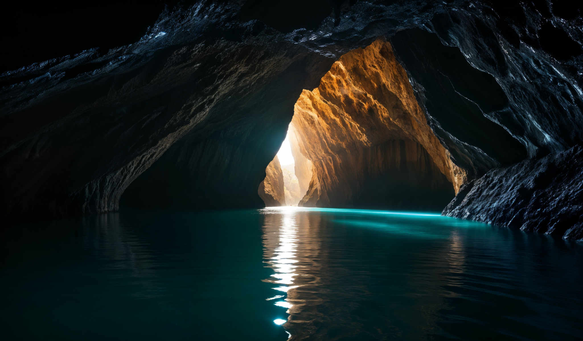 The image showcases a breathtaking view of a cave. The cave's walls are rugged and jagged, with varying shades of dark blue and black. The ceiling of the cave is arched, allowing a beam of sunlight to penetrate through, illuminating the cave with a golden hue. This light creates a striking contrast with the darker parts of the cavern. The water below reflects the light, giving it a turquoise color. The overall ambiance of the image is serene and awe-inspiring.