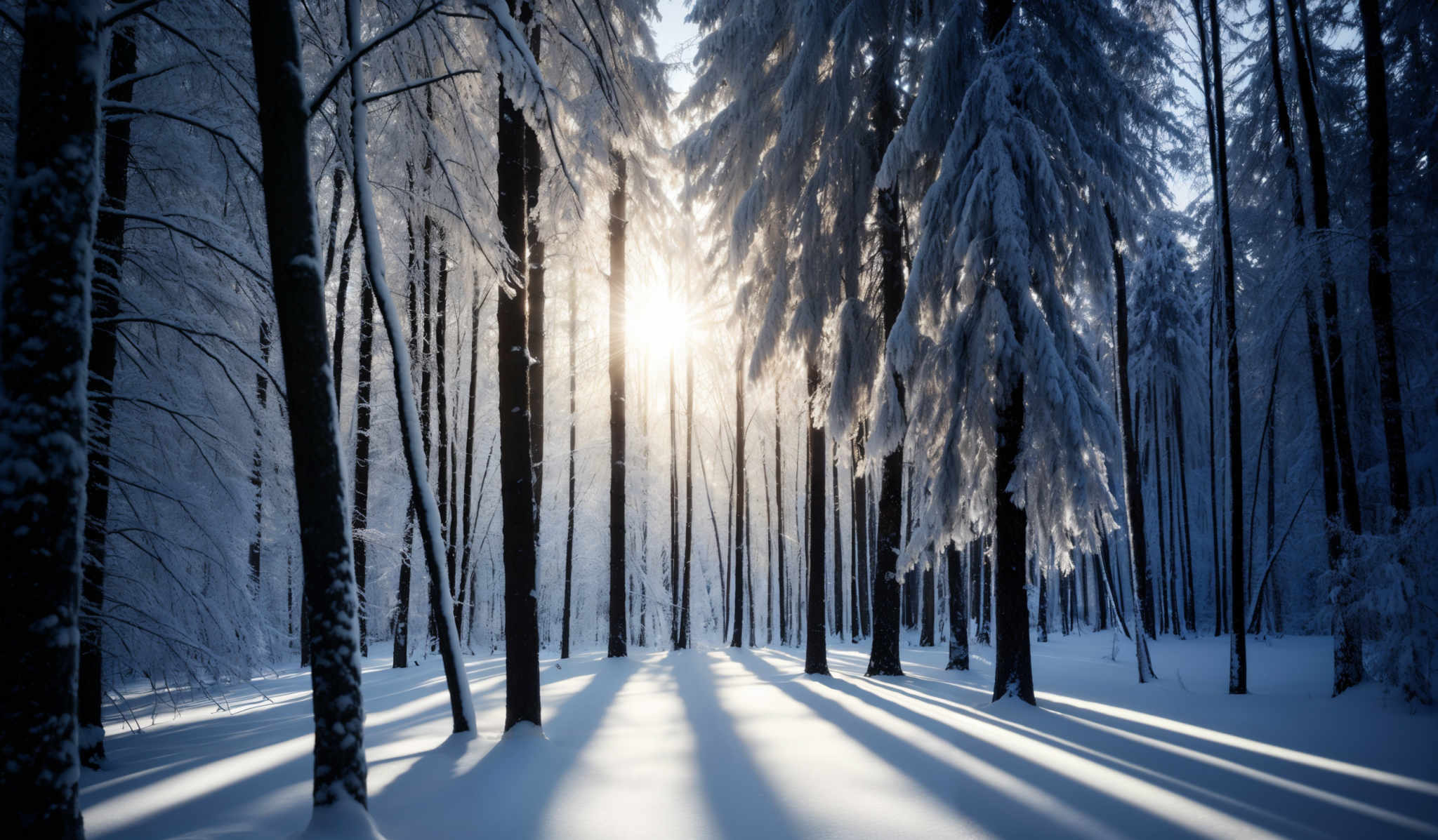 The image showcases a serene winter landscape. The dominant colors are shades of blue and white, representing the snow-covered ground and trees. The trees, tall and slender, are heavily laden with snow, creating a frosty and ethereal appearance. The sun, positioned towards the center, casts a warm golden hue, contrasting with the cold surroundings. The shadows of the trees are elongated on the snow, adding depth and dimension to the scene.