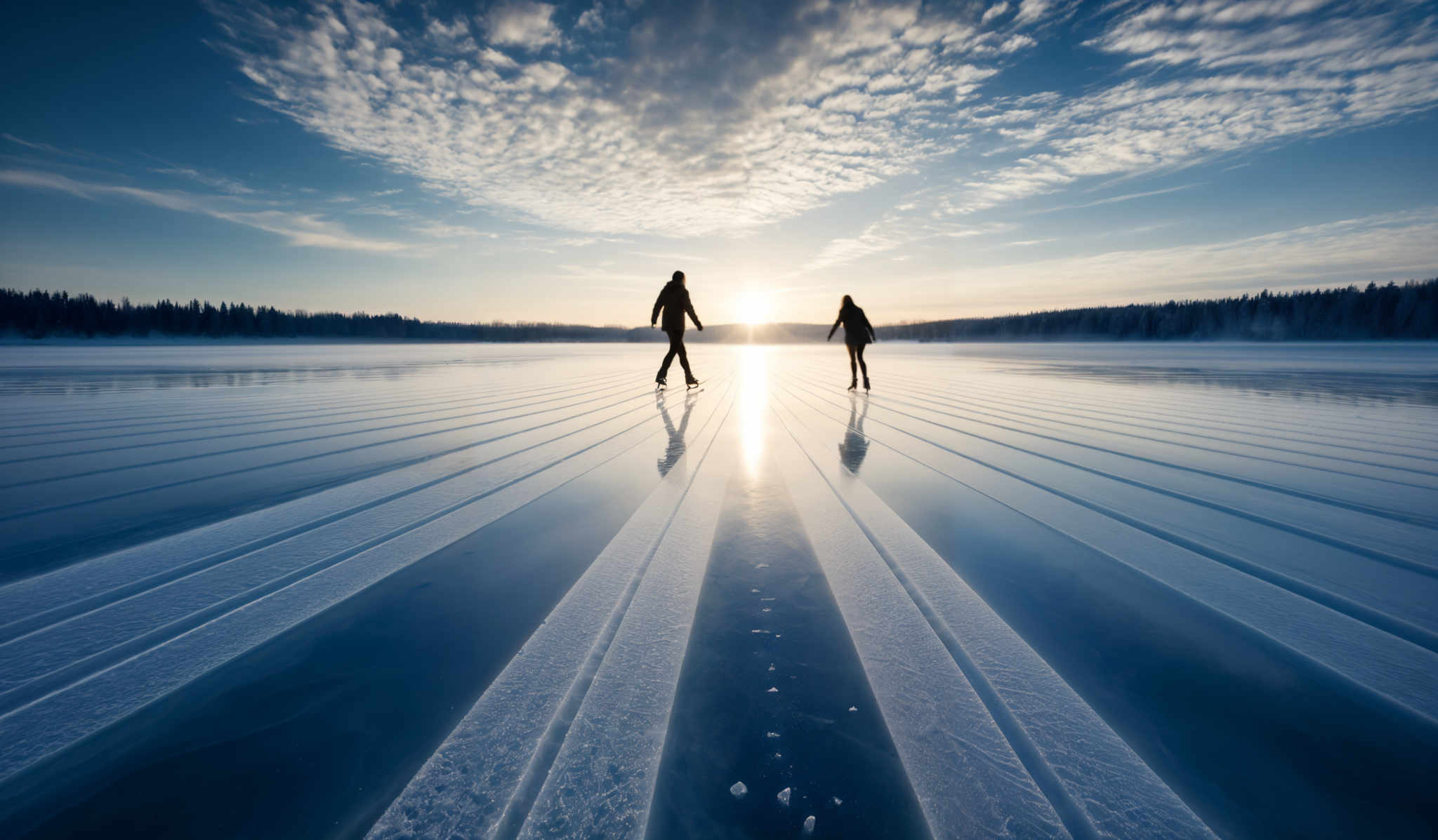 The image showcases a vast expanse of a frozen body of water, with clear and distinct tracks leading towards the horizon. The sky above is painted with hues of blue and white, with the sun casting a radiant glow. The sun is positioned near the horizon, casting long shadows on the ice. The clouds are scattered, with some forming a pattern that resembles a fan or a windmill. On the ice, two silhouettes of individuals can be seen, possibly ice skating or walking, adding a sense of scale and movement to the serene landscape.