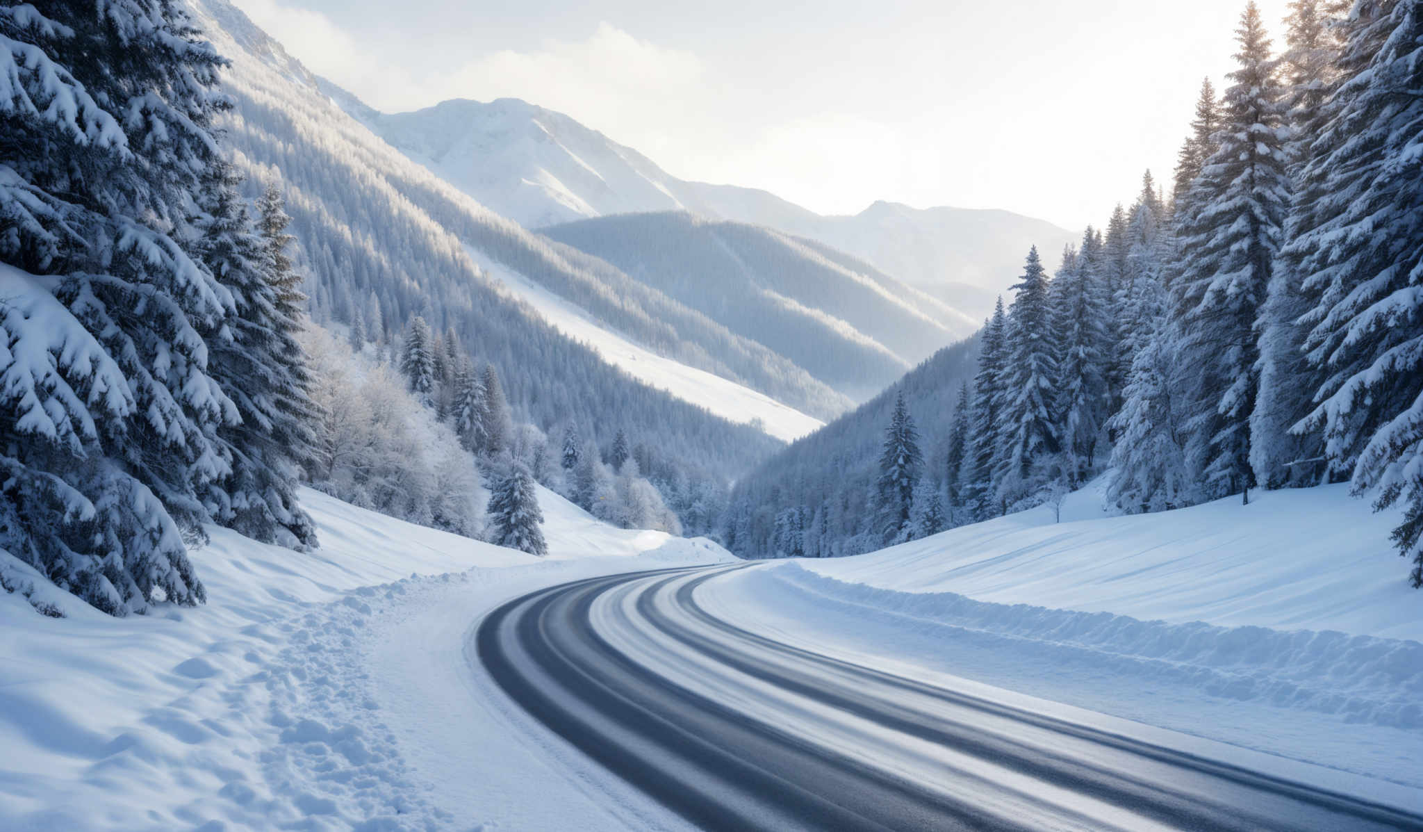 The image showcases a breathtaking winter landscape. Dominating the scene are snow-covered mountains with their peaks glistening under the sunlight. The mountains are surrounded by dense forests of evergreen trees, also blanketed in snow. A winding road cuts through the snowy landscape, leading the viewer's eye deeper into the scene. The sky above is clear with a hint of clouds, allowing the sun to shine brightly on the snow, creating a radiant glow.