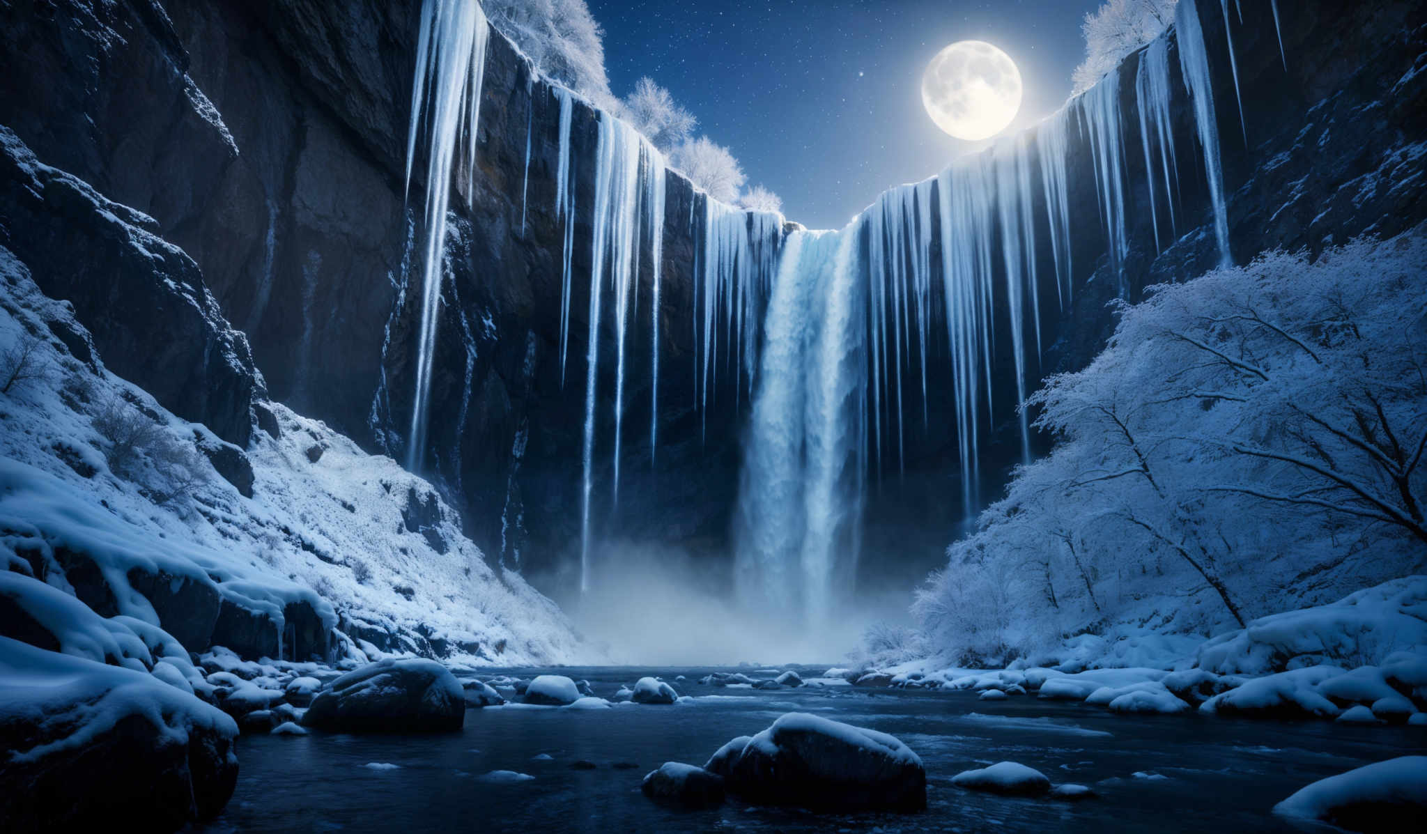 The image showcases a breathtaking winter landscape. Dominating the scene is a tall waterfall cascading down a steep cliff, surrounded by frozen icicles. The cliff walls are rugged and dark, contrasting with the bright moonlight illuminating the top. The ground is covered in snow, with snow-covered rocks scattered around the base of the waterfall. The trees on the cliff are also frosted, adding to the wintry ambiance. The sky is clear, allowing the moon to shine brightly, casting a soft glow over the scene.