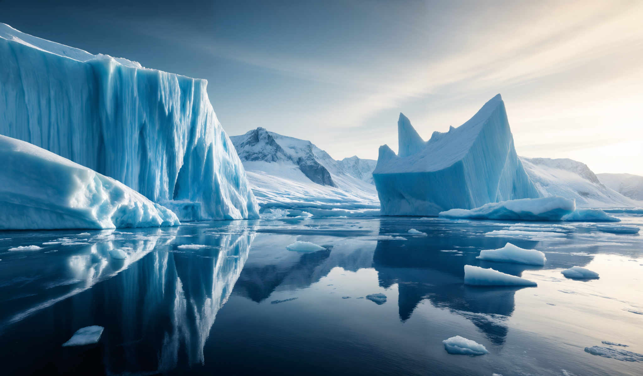 The image showcases a breathtaking icy landscape. Dominating the foreground are massive icebergs with jagged edges, exhibiting a brilliant shade of blue. These iceberg are reflected beautifully in the calm waters below. In the background, snow-covered mountain peaks rise majestically, with some peaks appearing to be taller than others. The sky above is clear with a hint of clouds, allowing the sun to cast a soft glow on the scene, creating a serene ambiance.