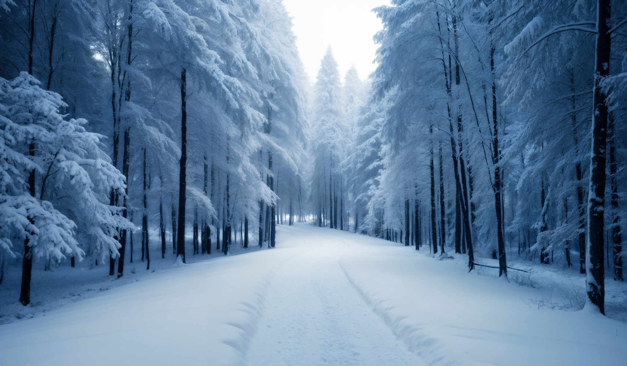 The image showcases a serene winter landscape. The dominant colors are various shades of blue, from light to dark, representing the snow-covered trees and the sky. The trees, laden with snow, have a tall and slender shape, with their branches drooping under the weight of the snow. The ground is blanketed in a thick layer of snow, forming a smooth pathway that leads the viewer's eye deeper into the forest. The overall ambiance is calm and peaceful, evoking a sense of solitude and tranquility.