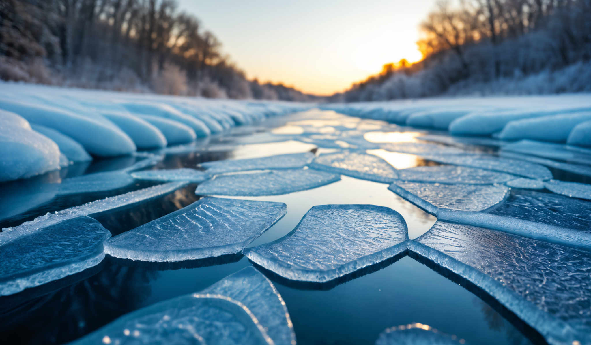 The image showcases a breathtaking winter landscape. The foreground prominently features translucent ice sheets with intricate patterns, some of which are floating on a calm body of water. The ice sheets are varying in size and shape, with some appearing as thin sheets while others are more robust. The water reflects the ice, creating a mirror-like effect. In the background, there's a dense forest covered in snow, with trees appearing as dark silhouettes against the golden hue of the setting or rising sun. The sky is clear, allowing the sun to cast a warm glow over the scene.