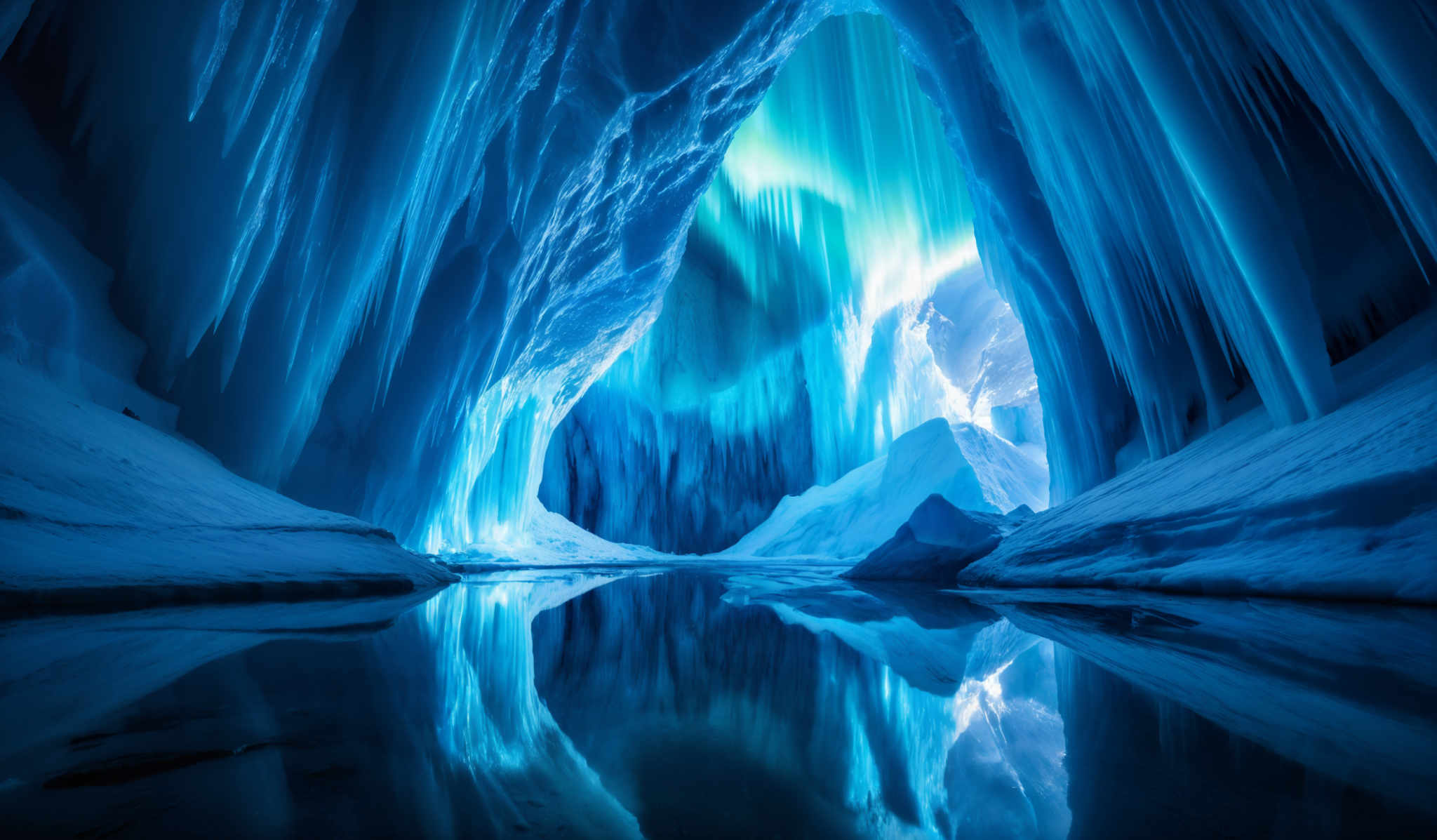 The image showcases a breathtaking view of an ice cave. The dominant colors are various shades of blue, ranging from deep navy to lighter icy blue. The ice formations are tall, slender, and have a wavy texture, giving them an ethereal appearance. They are densely packed, creating an archway that frames the scene. The reflection of the ice formulations can be seen in the still water below, adding depth and symmetry to the image, and the light filtering through the ice creates a mesmerizing play of shadows and highlights.